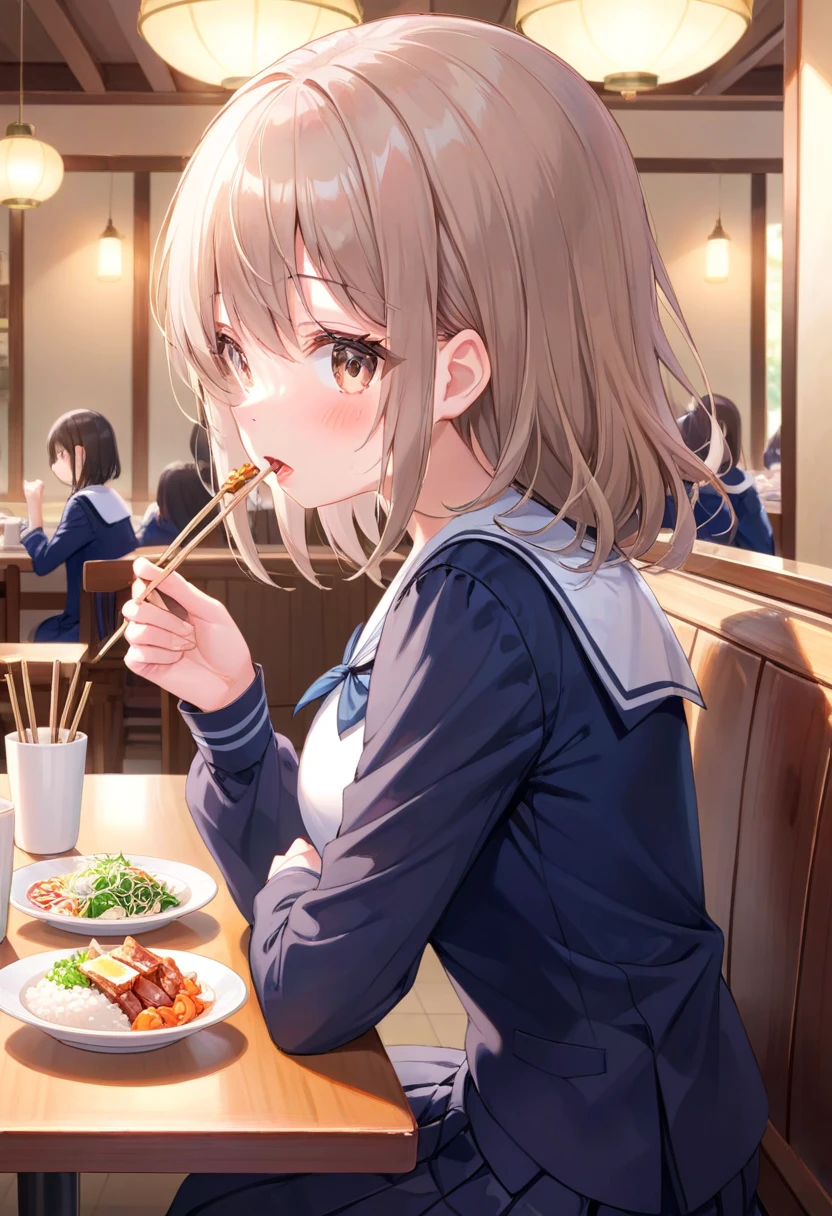  1 girl,  Medium Chest , school uniform,
I&#39;m sure,Food, Alone, bowl, Holding chopsticks, rice, table, meat, dish, indoor,  sitting,  Restaurant, vegetable,  eats, salad,
from side,  upper body,  watching viewers ,  determined ,  open your mouth ,
masterpiece, Best Quality,  very beautiful ,  absurd