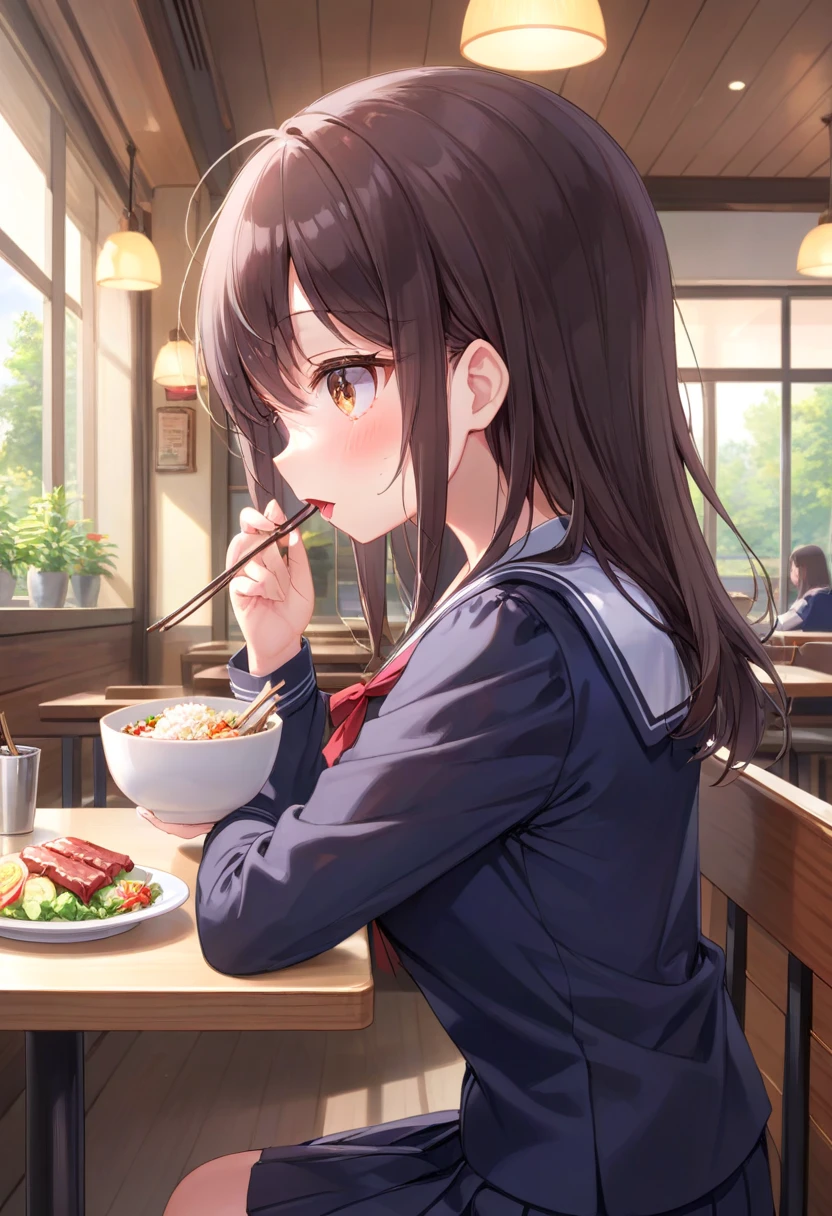  1 girl,  Medium Chest , school uniform,
I&#39;m sure,Food, Alone, bowl, Holding chopsticks, rice, table, meat, dish, indoor,  sitting,  Restaurant, vegetable,  eats, salad,
from side,  upper body,  watching viewers ,  determined ,  open your mouth ,
masterpiece, Best Quality,  very beautiful ,  absurd