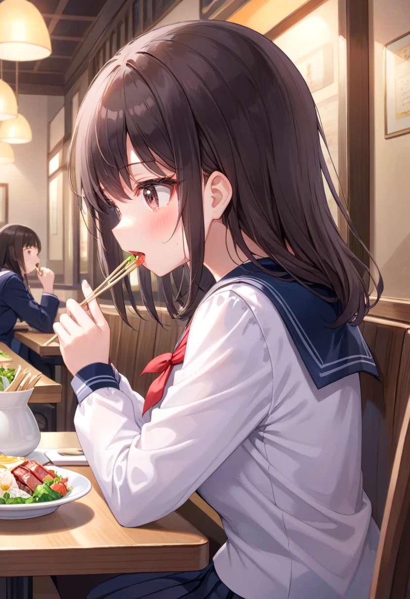  1 girl,  Medium Chest , school uniform,
I&#39;m sure,Food, Alone, bowl, Holding chopsticks, rice, table, meat, dish, indoor,  sitting,  Restaurant, vegetable,  eats, salad,
from side,  upper body,  watching viewers ,  determined ,  open your mouth ,
masterpiece, Best Quality,  very beautiful ,  absurd