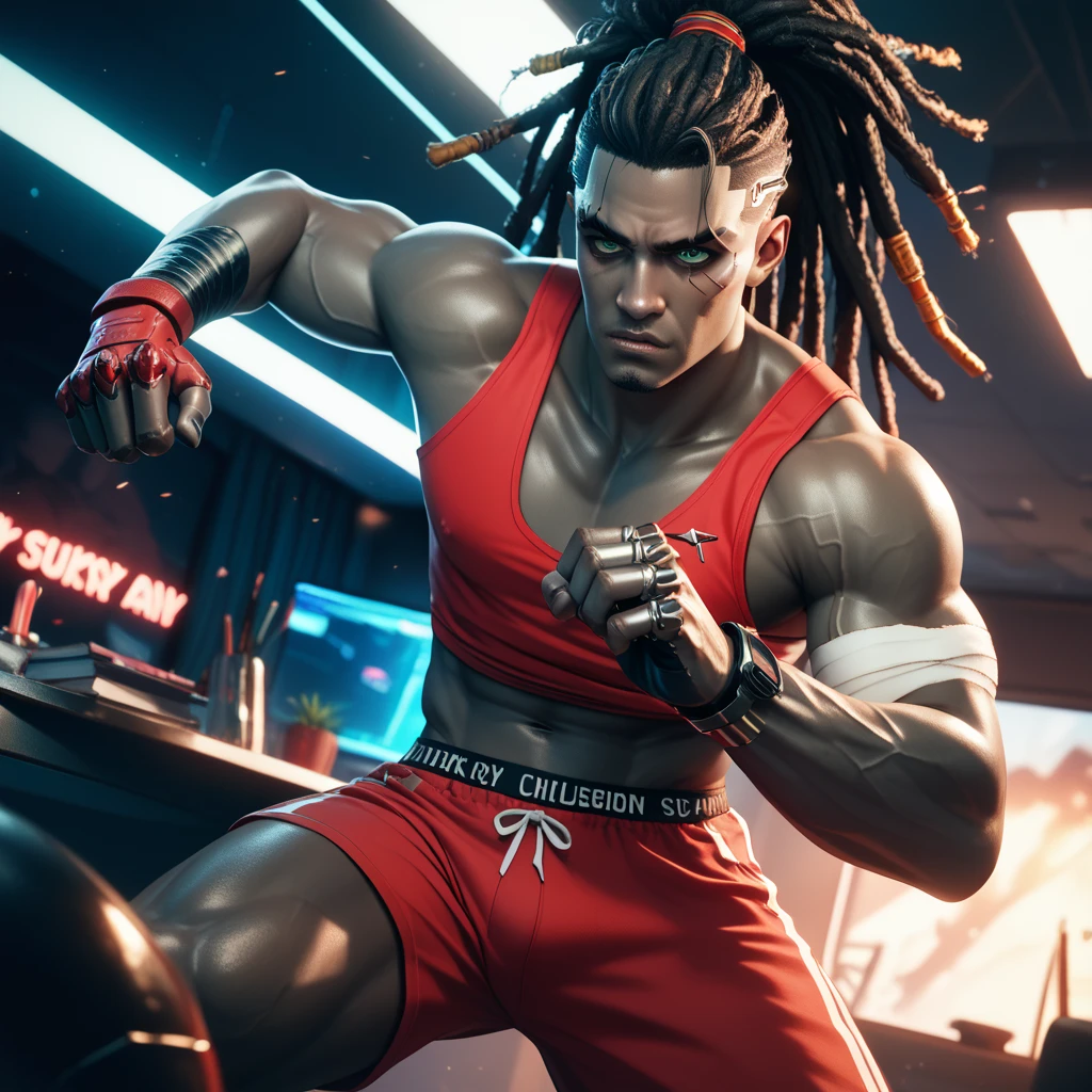 cyborg, 1_bulky_man_cyberpunk_2077, black skin, veins, adult male, rough, dreadlocks, knuckle bandages, fighter, boxer, aggressive, fierce, fighting stance, fierce eyes, narrow eyes, furrowed brows, light green eyes