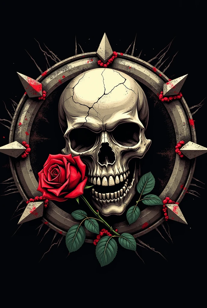 Logo design for a skull with a guitar and roses on it with a banner, skull design for a rock band, punk , close up guns and roses, rockabilly, colored illustration for tattoo, rockabilly style, style of hydro74, heavy metal tshirt design, heavy metal art style, punk art, sailor jerry tattoo flash, pop punk art style, punk rock poster, burlesque psychobilly,white background,no template,professional,high contrast,high resolution, Ultra-detailed, vivid colors, metallic details, sharp focus, edgy, dynamic composition, sandy texture, rough brush strokes, mechanical elements, Chrome effect, classic typography, retro style, distressed look, aggressive lines and curves, 3D rendering, stunning visual impact ,dark shadows,strong brand presence,monochromatic palette,industrial aesthetic