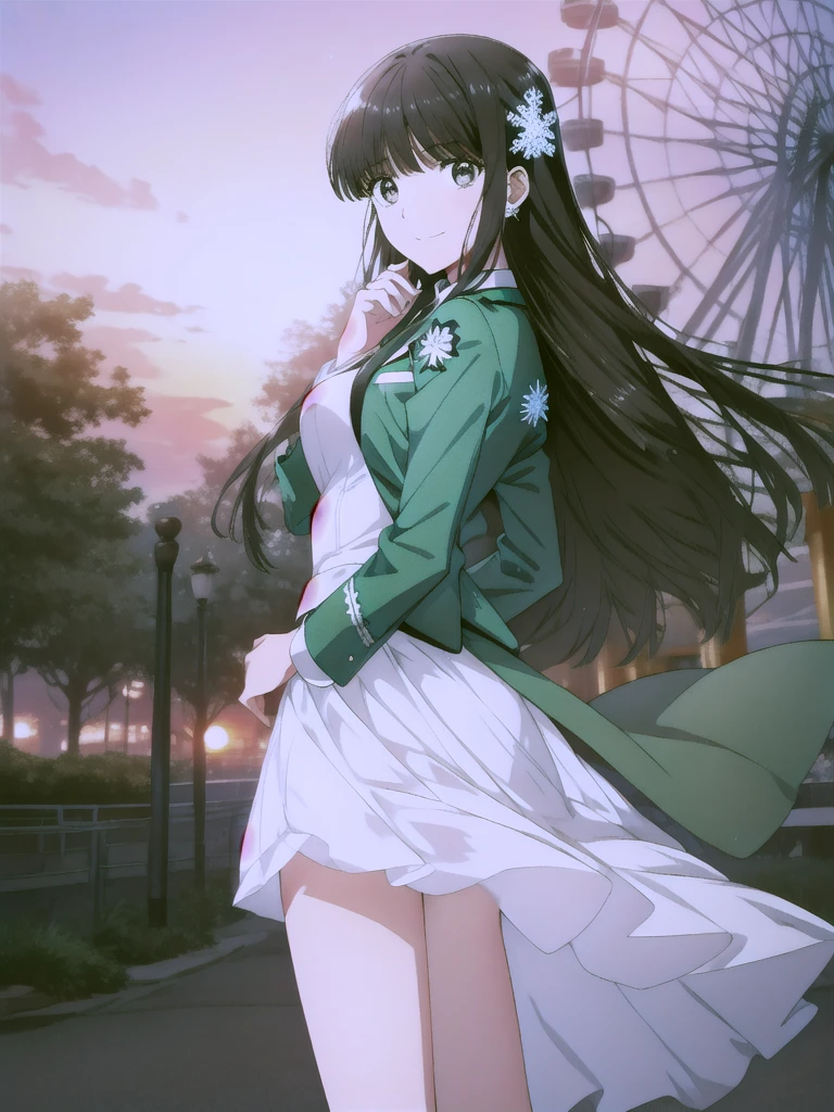 The background is an amusement park with a Ferris wheel. A single 28-year-old peerless beauty with glossy, straight black hair that reaches halfway down her back. She is smiling enchantingly. She wears a snowflake hair ornament. She is wearing a green-based blazer with many white accents and a green Skirt, along with black tights. She has small, elongated black eyes and clear white skin. Sunset sky.