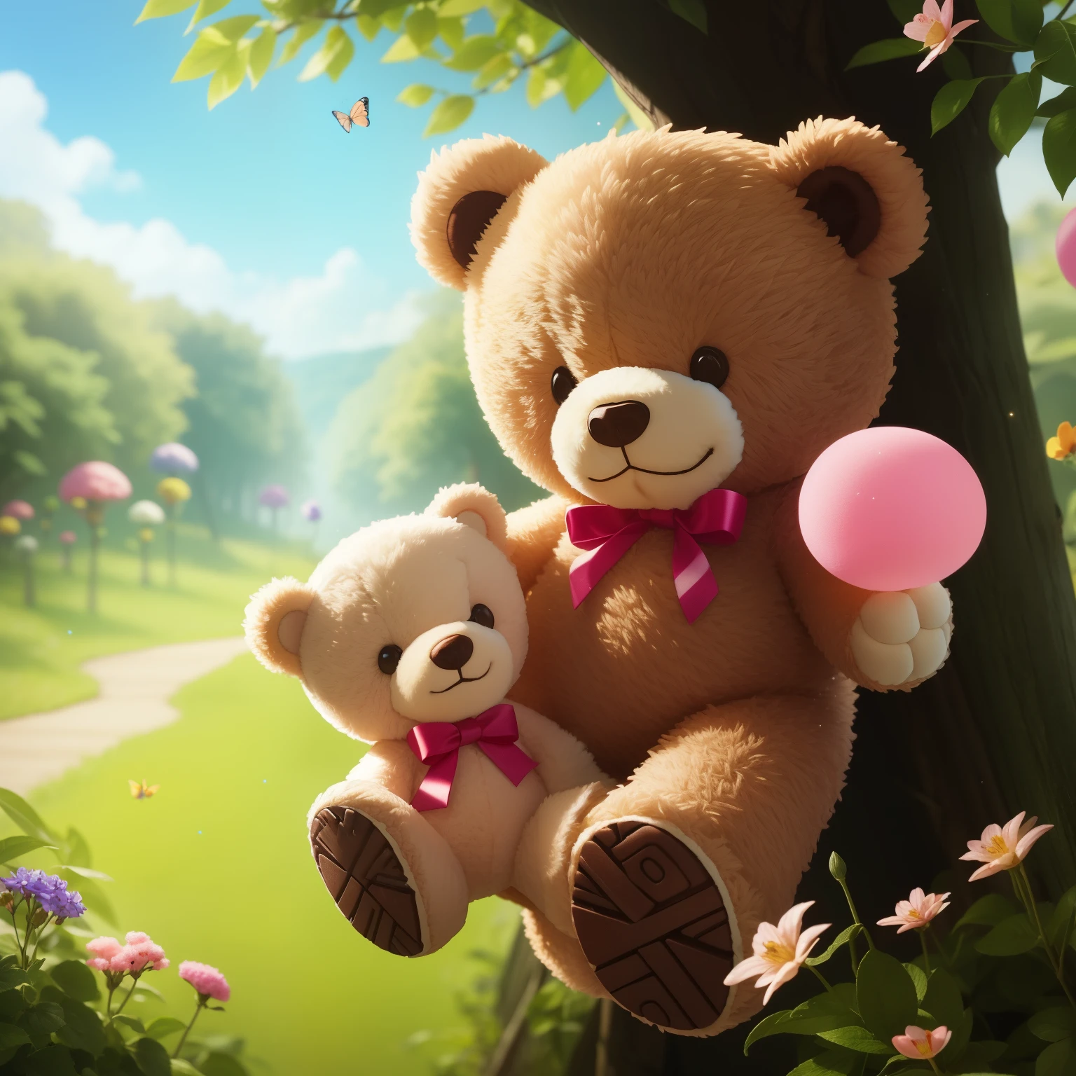 a teddy bear holds a  by the hand as they cross a wood with many butterflies and flowers, from the trees hang like fruits, sweets, sugar canes, chocolate, pink cotton candy. slices of licorice, smile,