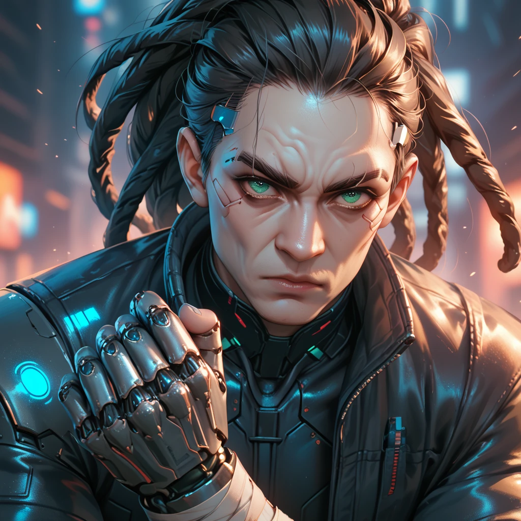 cyborg, 1_bulky_man_cyberpunk_2077, black skin, veins, wrinkles, adult male, rough, dreadlocks, knuckle bandages, looking like a fighter, cyborg eyes, fighting stance, fierce eyes, narrow eyes, furrowed brows, light green eyes
