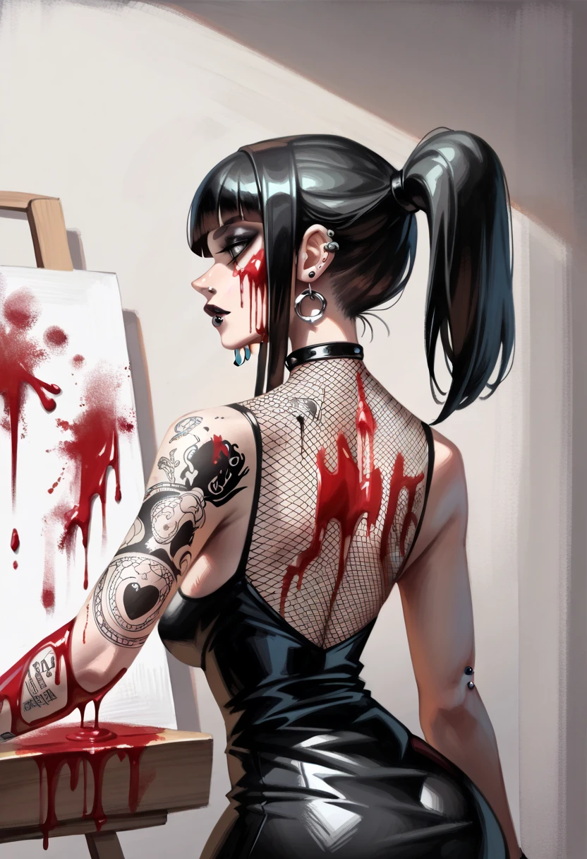 (masterpiece:1.2, best quality), 1 sexy slim goth girl, 18yo, wearing sexy very tight dress, ((big sagging cheast )), ((fringe + ponytail hairstyle)), fishnet , ((piercings and tattoos)), (((INK painting style)))