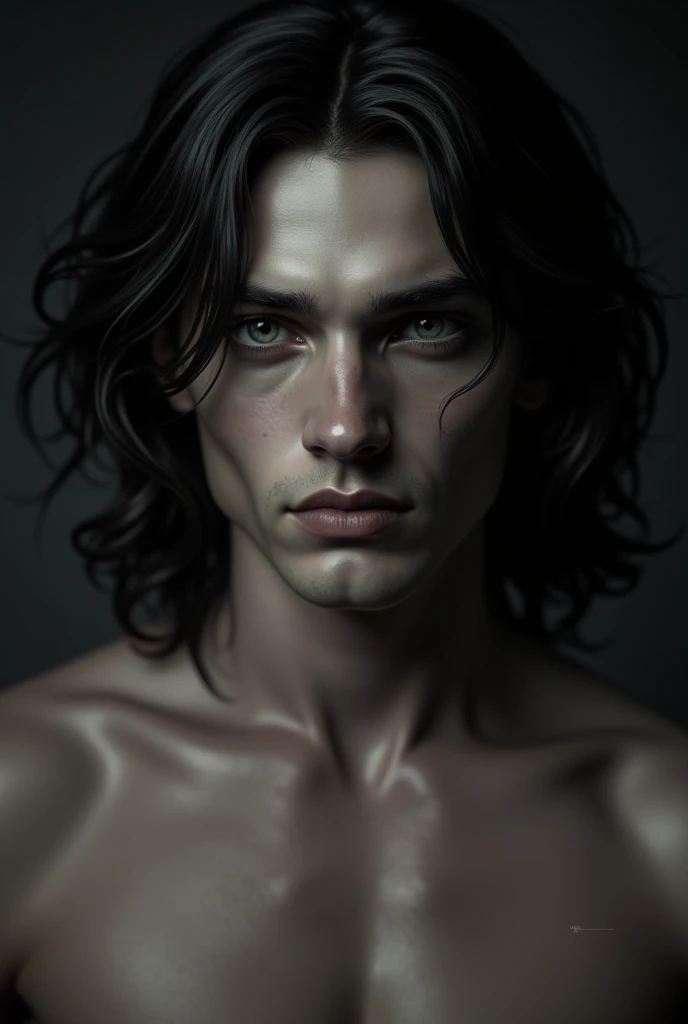 (Best quality,photoreallistic),(Sombre,pressentiment) Un homme adolescent,Detailed black eyes,long black hair resembling the night,pale skinned,Cernes visibles,athletic body but covered in scars,Disturbing atmosphere,Gothic aesthetics,Apparence cauchemardesque,Regard intense,mysterious aura, posture sinueuse et tendue,Dramatic shadows and lighting,striking contrast between light and dark,Suspicion of danger,Enchanted atmosphere, on que son visage de face.