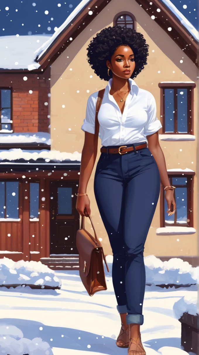 ( art by Elena Paraskeva :0.8) , arte de Ken Howard , vector art,beautiful afro , basic white shirt ,  woman wearing tight dark blue low waist pants,  thick thighs ,  Braided Hair ,Dark skin,  big brown eyes , Malaysian wallet , snowing, fine arts, cozy, superplano, F/1.8, Velvia,  anime illustration niji 