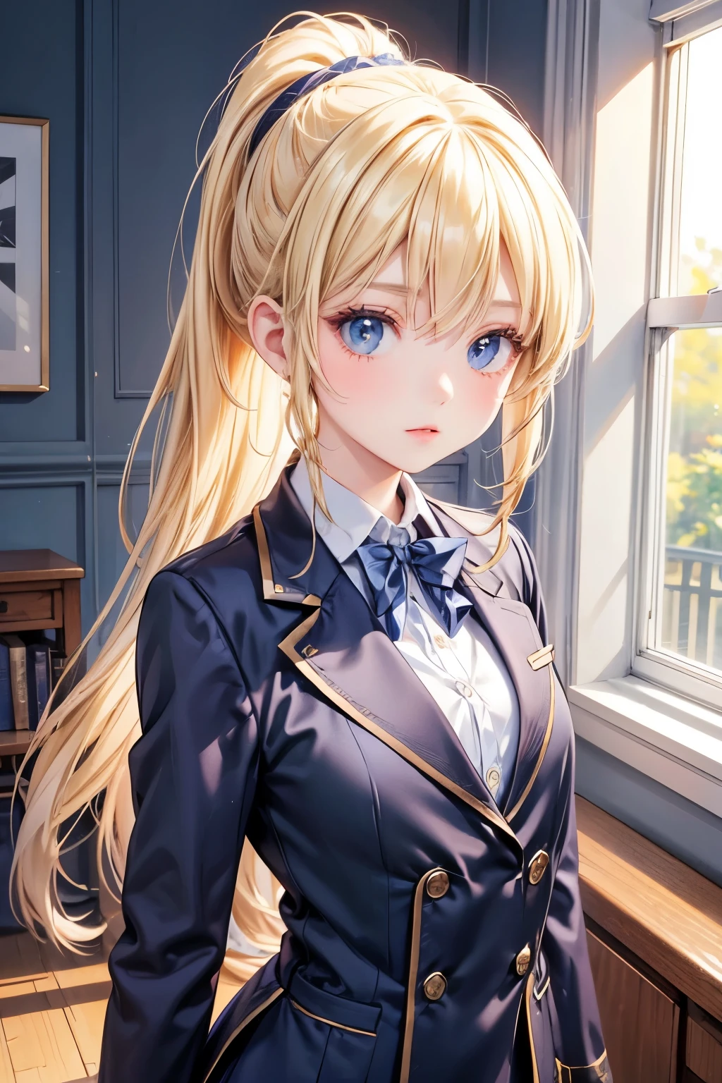 masterpiece,Best Quality, very detailed, Beautiful Girl, ager, school uniform, navy blue blazer, ponytail, smaller breasts, thin waist,Blonde, perfect eyes, very cute