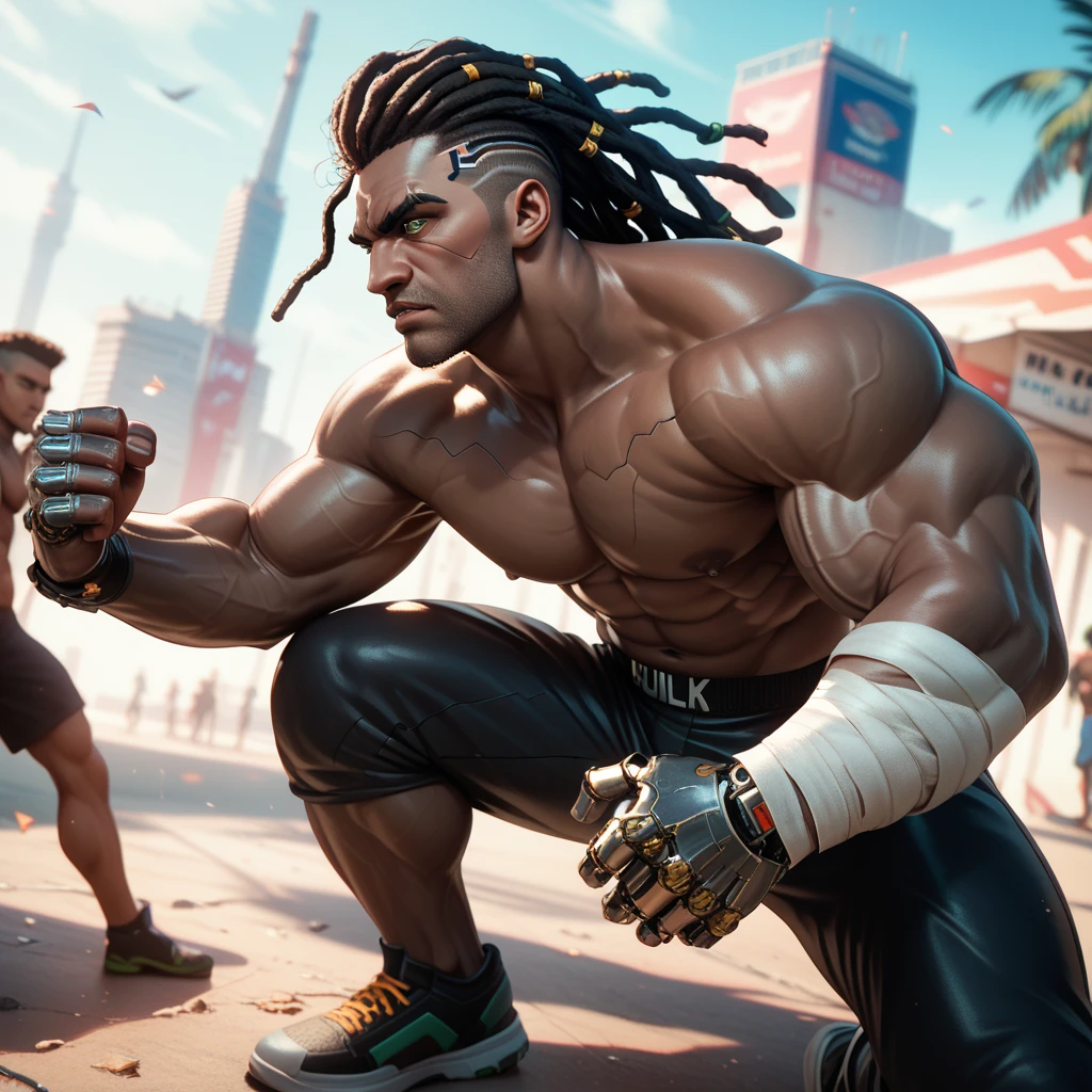 cyborg, 1_bulky_man_cyberpunk_2077, african, huge muscles, black skin, veins, wrinkles, adult male, rough, dreadlocks, knuckle bandages, looking like a fighter, cyborg eyes, fighting stance, fierce eyes, narrow eyes, furrowed brows, light green eyes
