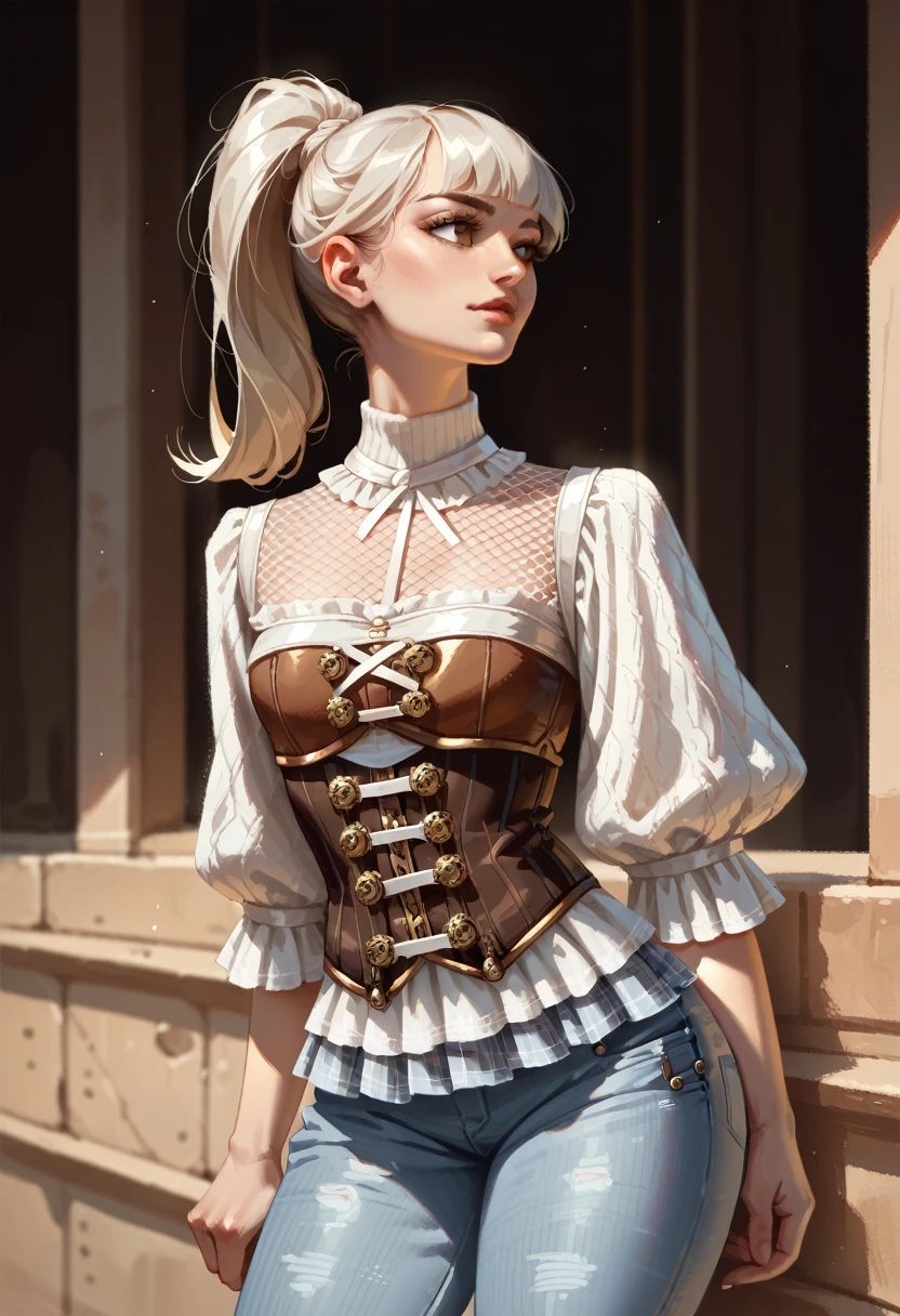 A sexy and beautiful ((steampunk girl)), ((white fringe + ponytail hairstyle)), ((brown corset)), ((jeans skirt)), fishnets, ((elaborate white hairstyle)), 