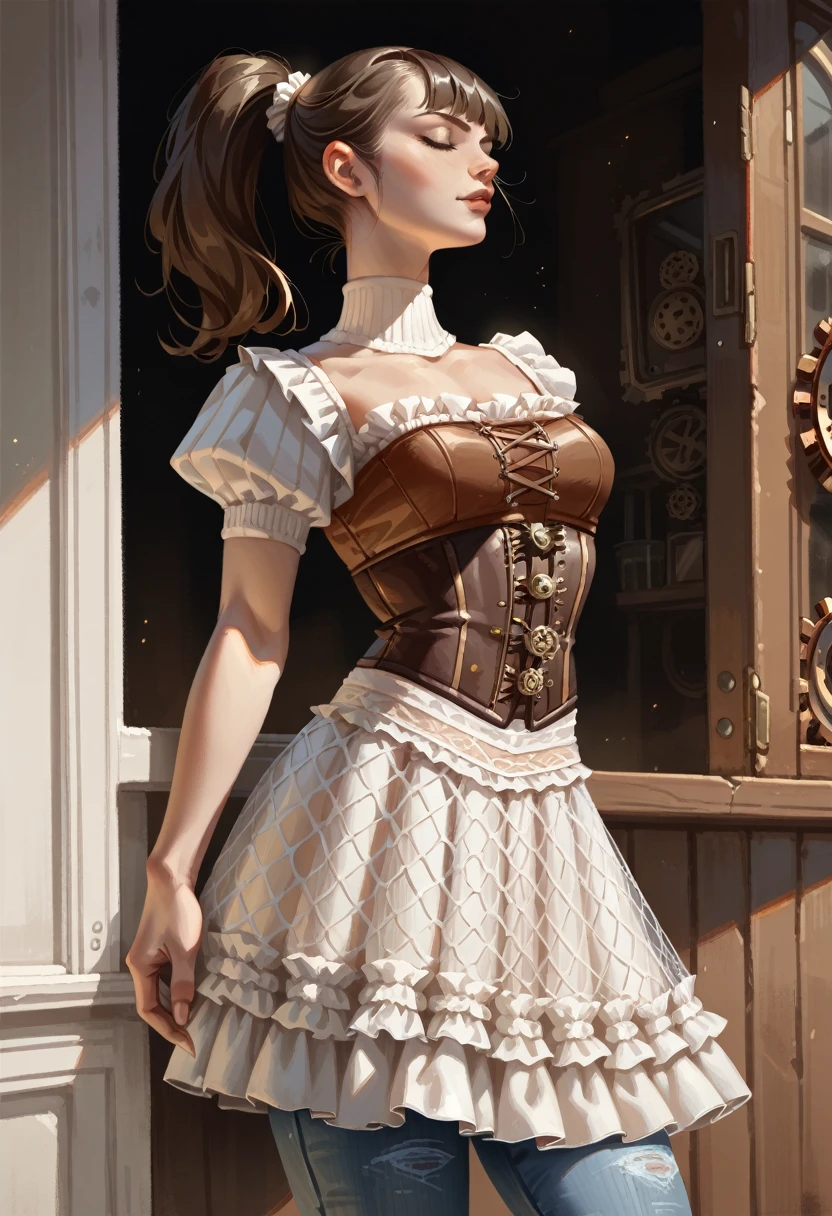 A sexy and beautiful ((steampunk girl)), ((white fringe + ponytail hairstyle)), ((brown corset)), ((jeans skirt)), fishnets, ((elaborate white hairstyle)), 