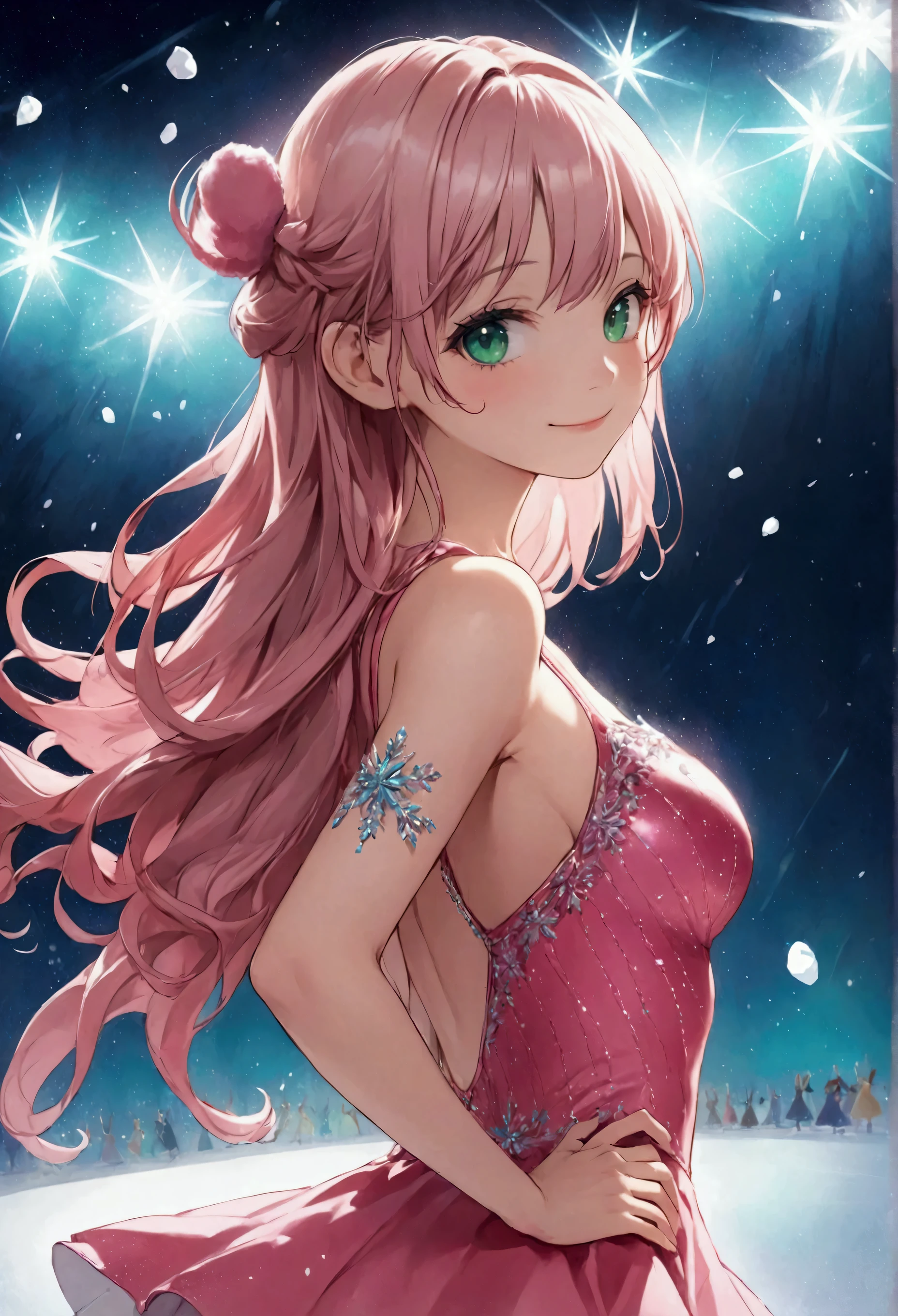 Best Quality、8k、Representative Works:1.3、 girl、1 person、1 personで、 petite and glamorous body 、 curve、 cute 、 she smiles happily 、 beautiful pink blonde long hair 、 beautiful emerald green eyes 、 Figure Skating Competition 、 wear a pink bunny style outfit、 figure skating performance 、Full body purse