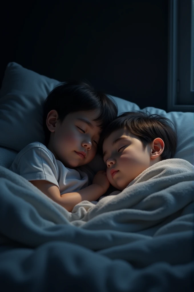 A boy and a girl sleeping in bed night slow light