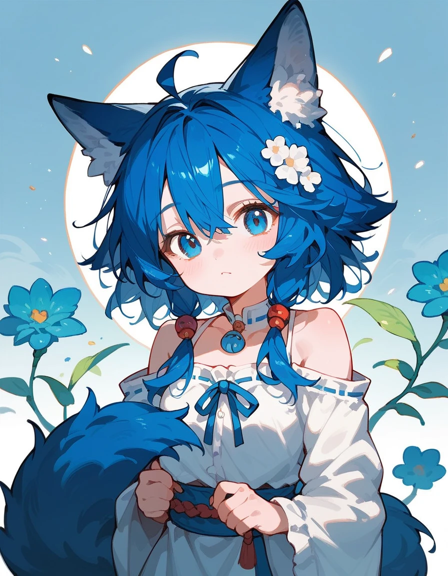 girl,Wolf ears, dark blue hair , in dark blue eyes,,เจาะWolf ears,cute, has a tail 