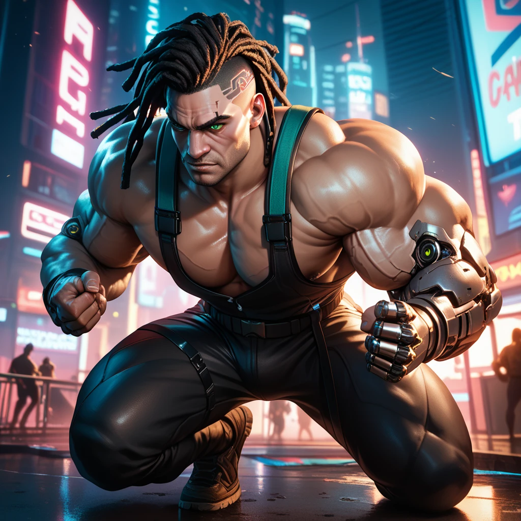 cyborg, 1_bulky_man_cyberpunk_2077, african, huge muscles, black skin, veins, wrinkles, adult male, rough, dreadlocks, cyborgarms, looking like a fighter, cyborg eyes, fighting stance, fierce eyes, narrow eyes, furrowed brows, light green eyes
