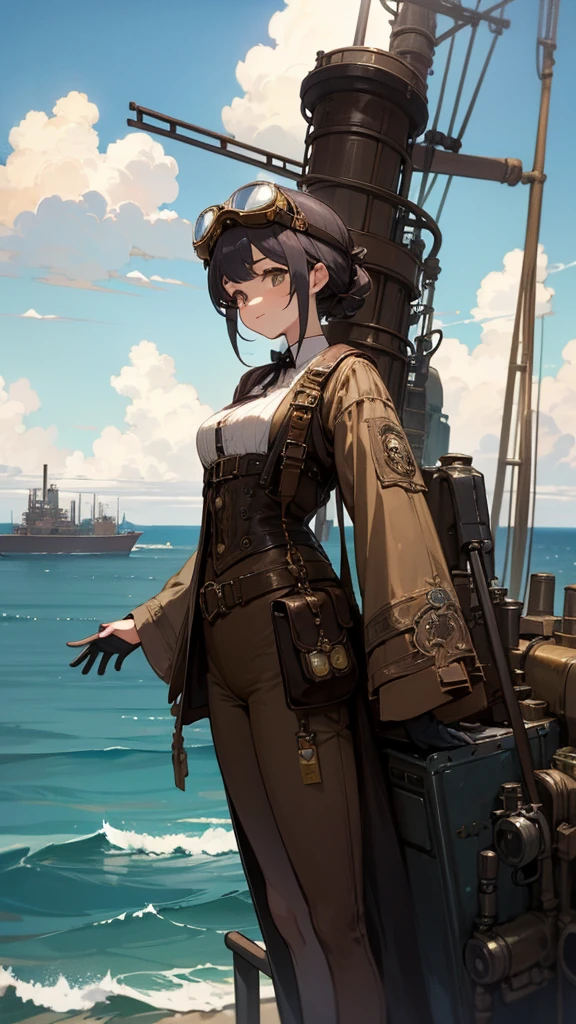 black greatcoat,teens girl,cabellos largos dorados,Wearing a black officer's hat,Black futuristic giant warships fly in the sky,earnestly