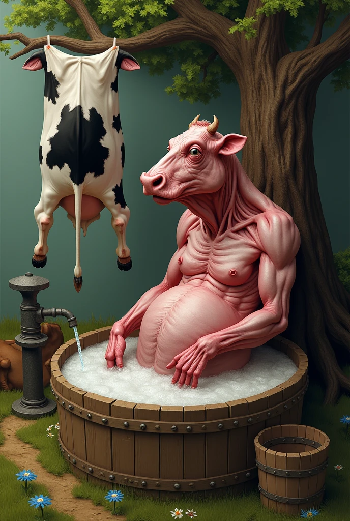 Exaggeratedly muscular pig, prominent veins, huge pecs, perverted expression, tongue out, lying on the floor of a farm, holding his huge cock (swearing semen).