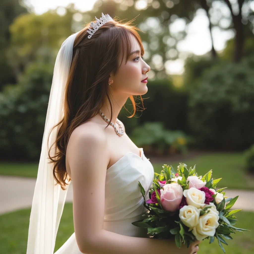 Beautiful girl, long wavy hair, strapless wedding dress, earrings, necklace, tiara, veil, bouquet 