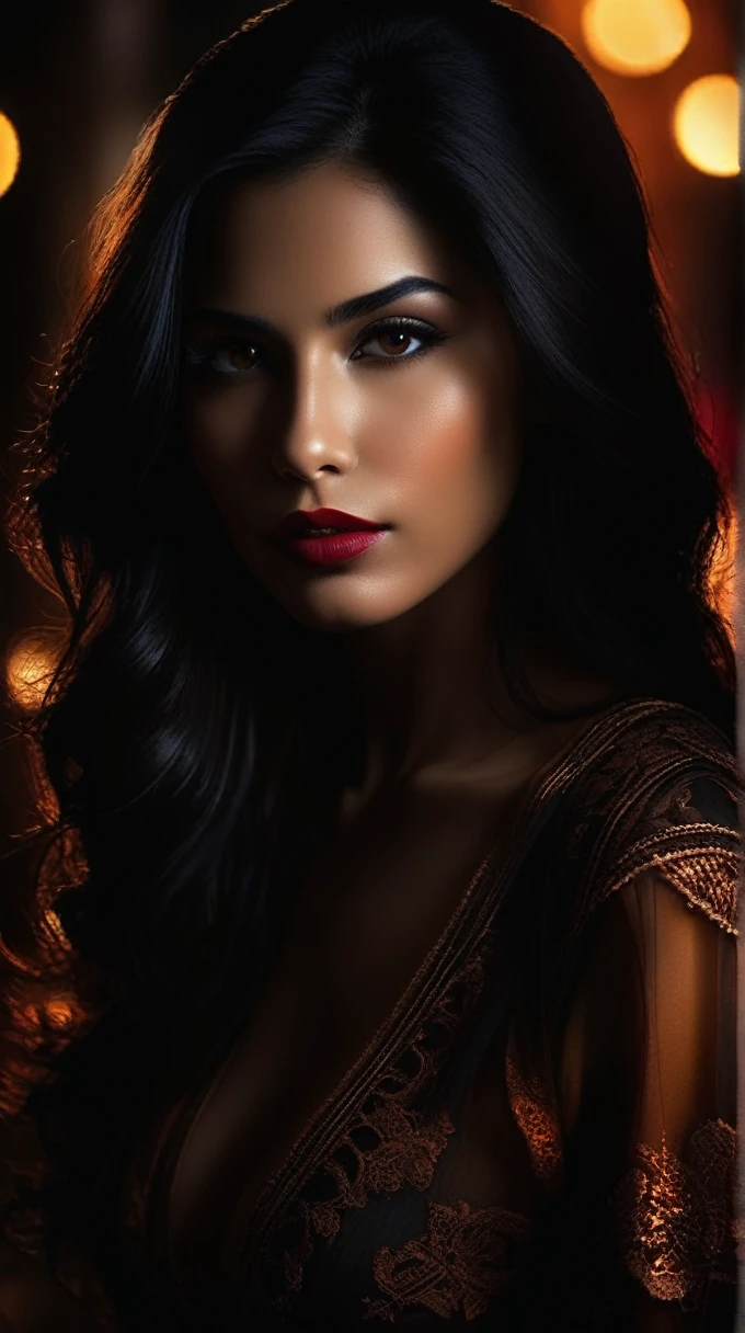  a portrait of a mysterious woman, gypsy, straight black hair,inverted triangle face,  discreet smile,  light brown eyes ,  full lips , lipstick, Mystical makeup (HDR:1.28), hyperdetailed , cinematic, warm lights,  intricate details , hyperrealistic, dark radial background, (soft colors:1.38), (cores neutras:1.2)