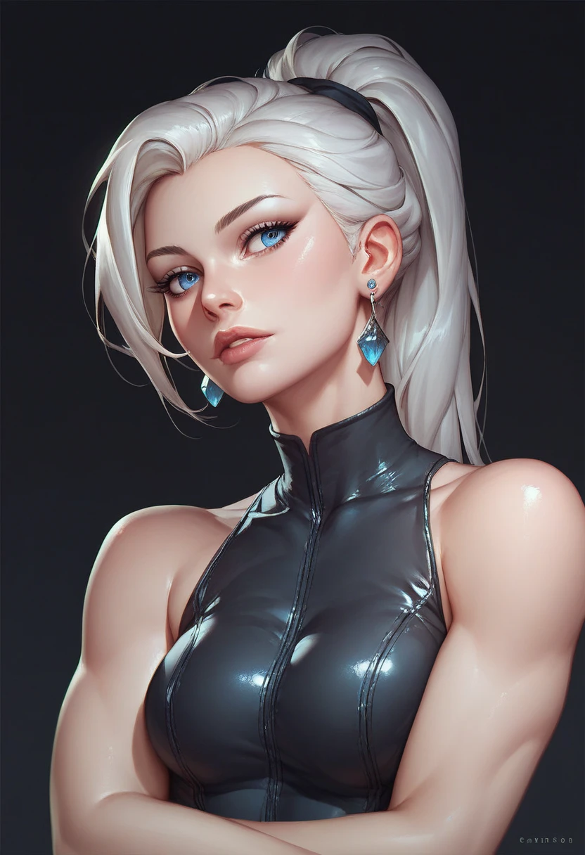 Russian, <lora:russianDollLikeness_v3:0.5>, (best quality, ultra high res, raw photo, masterpiece, extremely detailed photograph), (anime, photorealistic:1.4), 1girl, solo focus, sharp chin,  looking at viewer, dynamic angle, black glistening leather jacket,  <lora:eyeLora_eyesV10:0.4>, gray hair, dark blue eyes, from above, (ponytail, wavy hair)