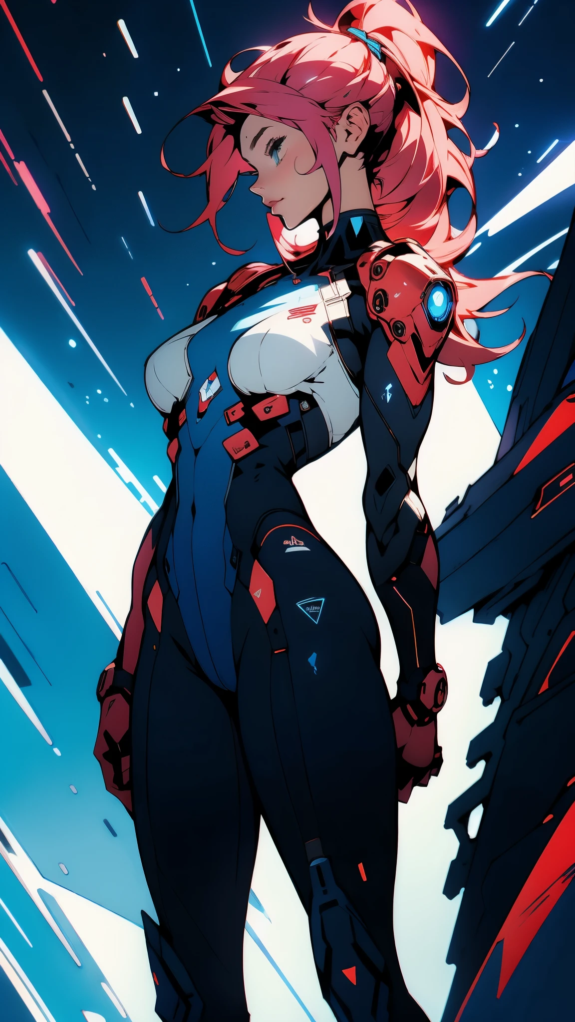 ((Best quality)), ((masterpiece)), (detailed: 1.4), (Absurd), Caucasian woman fighter pilot ready for war, back, perfect ass, defined muscular sculptural body, half-thick bare thighs, closed mouth, only in panties, muscular body covered in technological clothing, Neon Genesis Evangelion style, cyberpunk, generous neckline, ((perfect large breasts)), (blue eyes without pupils), ((very dark blue clothing, red and white)), (((long red straight hair with misaligned bangs on the forehead)))), (thin white stripes left blue covering the breasts), (red and white stripes on the arms), ((star and lightning drawings on the arms)), short underwear, garter belt, by mucha, niji --V5, close to the real, psychopath, crazy face, sexy pose, background with a giant Gundam-style Robot head, 2 piece clothing, shoulder pads, airplane wings on the back, pastel, centered, scale to fit dimensions, HDR (High Dynamic Range),Ray Tracing,NVIDIA RTX,Super-Resolution,Unreal 5,Subsurface dispersion, PBR texture, Post-processing, Anisotropic filtering, Depth of field, Maximum clarity and sharpness, Multilayer textures, Albedo and specular maps, Surface shading, Accurate simulation of light-material interaction, Perfect proportions, Octane Render, Two-tone lighting, Wide aperture, Low ISO, White balance, Rule of thirds, 8K RAW, crysisnanosuit