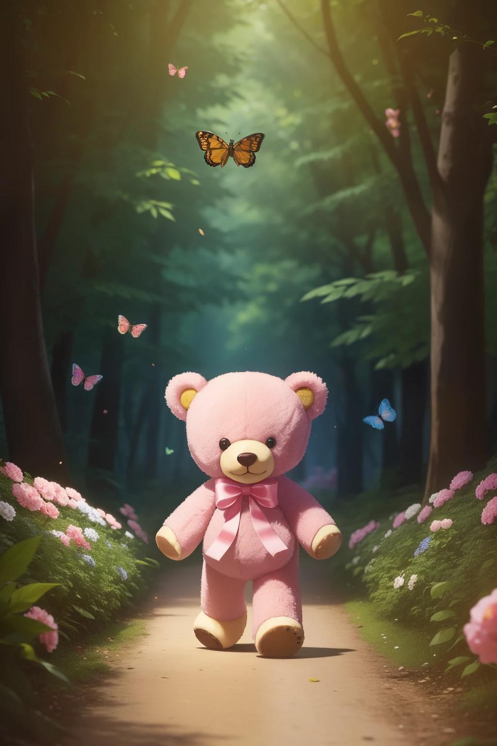 a teddy bear holds the hand of a little teddy bear as they walk in a forest with lots of butterflies and flowers, from the trees hang fruit, sweets, candy canes, chocolate, pink cotton candy, licorice wheels, smile,