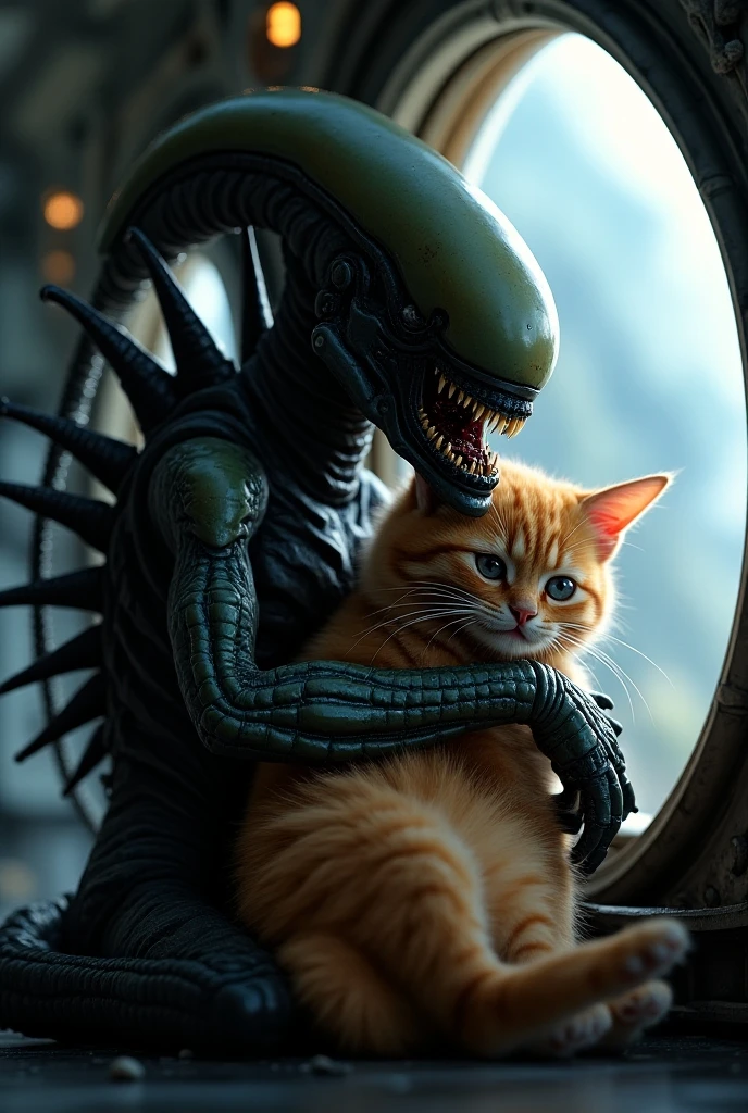 a cat holding an alien xenomorph in its teeth, highly detailed, 8k, hyperrealistic, studio lighting, intricate details, cinematic composition, dramatic lighting, moody atmosphere, striking colors, vibrant palette