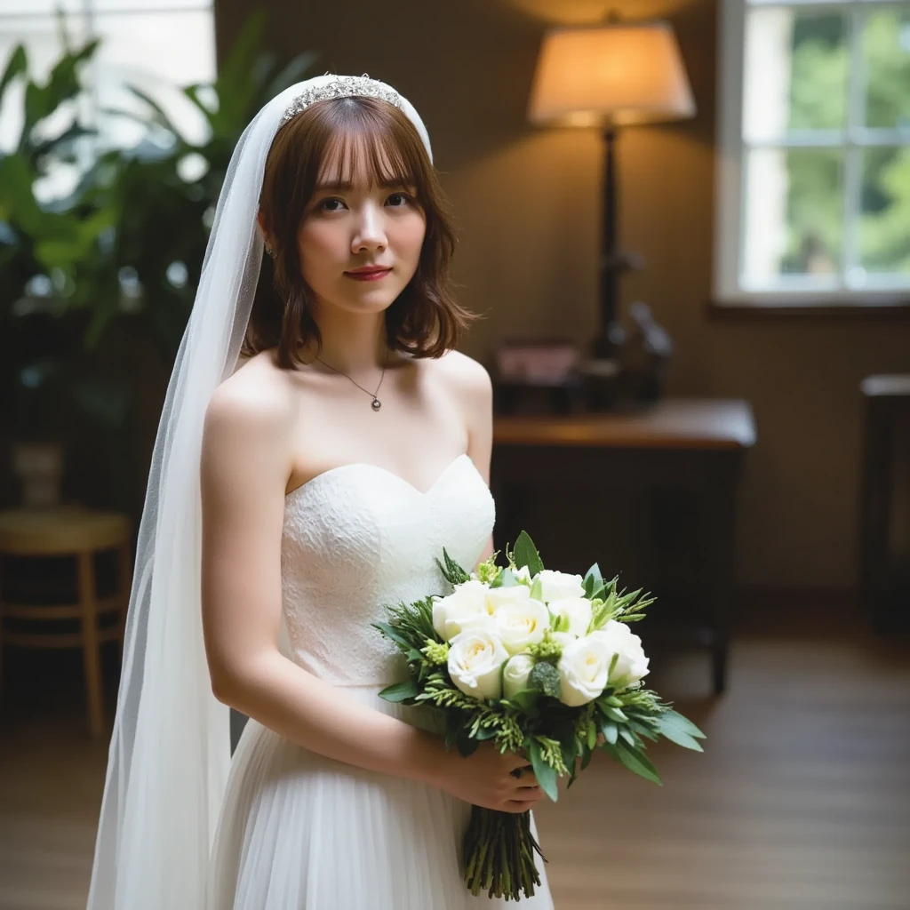 Beautiful girl, wavy hair, strapless wedding dress, earrings, necklace, tiara, veil, bouquet 