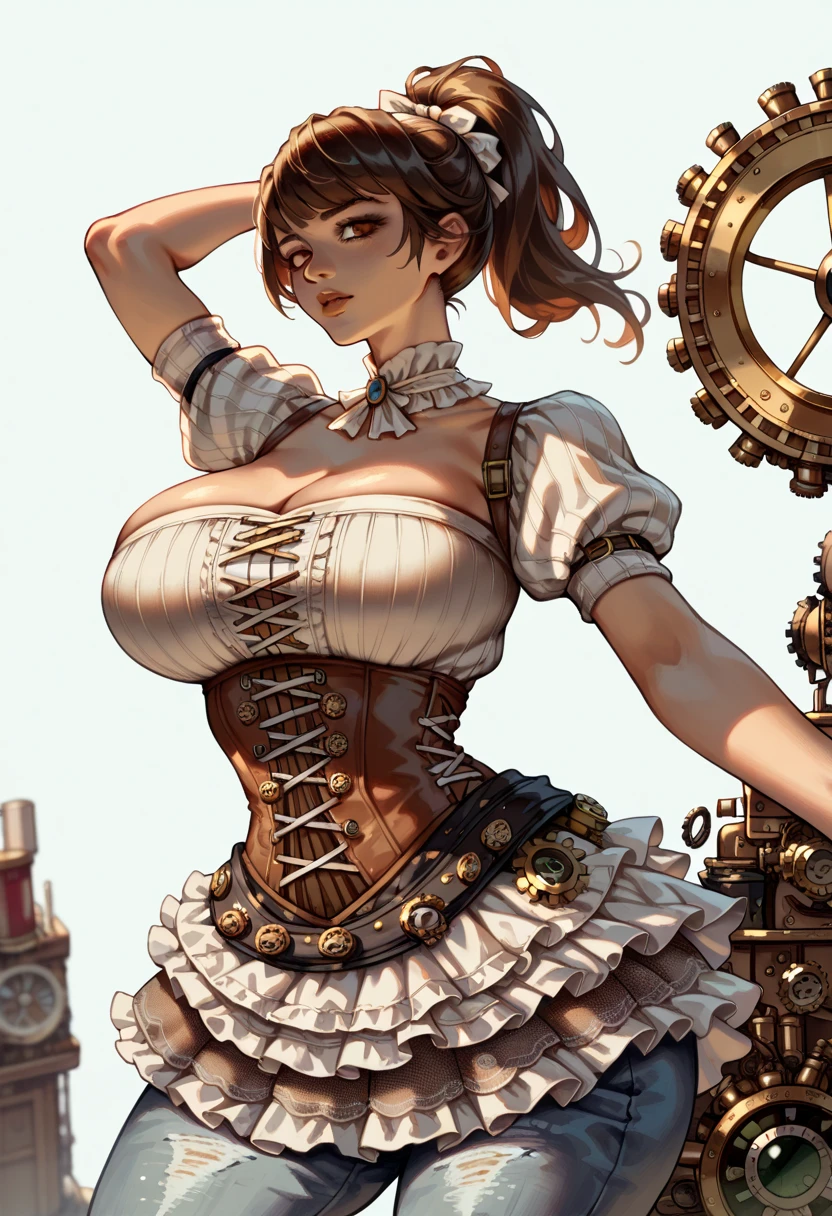 A sexy and beautiful ((steampunk girl)), ((white fringe + ponytail hairstyle)), ((brown corset)), ((jeans skirt)), fishnets, ((elaborate white hairstyle)), (((steampunk))), ((big breasts))