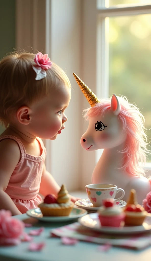 A mesmerizing hyperrealistic 3D illustration of a cuddly unicorn and a small girl, both adorned with pastel pink, cream, and white tones, sharing a delightful moment in a whimsical room. The unicorn has a golden horn and a mesmerizing expression, while the gazes at the unicorn with a loving smile. Surrounding them are luscious macarons and tempting chocolate bars, each with intricate art deco designs. The room, bathed in soft lighting, features kawaii aesthetic elements, creating a magical and enchanting atmosphere. The high-resolution image captures every minute detail with exceptional focus, immersing the viewer into this fantastical world., 3d render