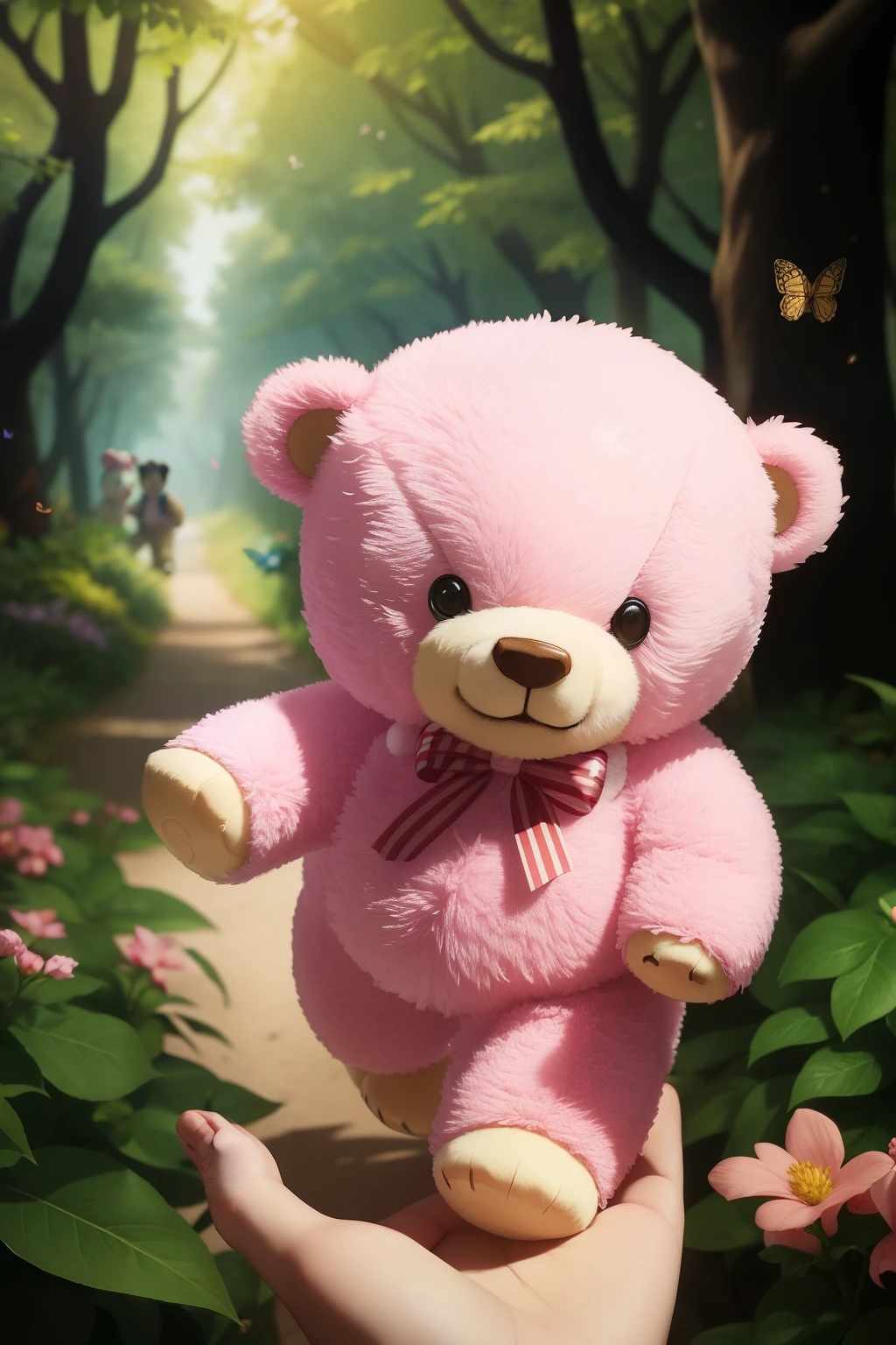 a teddy bear holds the hand of a little teddy bear as they walk in a forest with lots of butterflies and flowers, from the trees hang fruit, sweets, candy canes, chocolate, pink cotton candy, licorice wheels, smile,