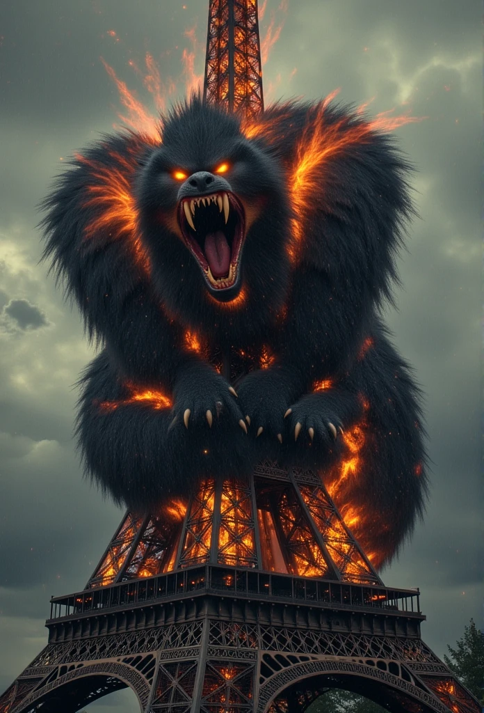 ((masterpiece)) ((photography)) ((Highest quality)) A hyper-realistic, photographic image of a post-apocalyptic Paris, featuring the iconic Eiffel Tower in a state of decay, rusted and damaged. In the foreground, a colossal Kurama from Naruto, with nine enormous, fiery tails, wraps around the tower, gripping it tightly. His sharp teeth are bared in a menacing snarl, showcasing his ferocity. The background is filled with a moody, dark sky and scattered random water droplets, as if caught in a misty rain, adding a dramatic, intense atmosphere to the scene. The colors are gritty and muted, with deep shadows and a sense of looming danger, capturing the desolate and powerful energy of this surreal vision.