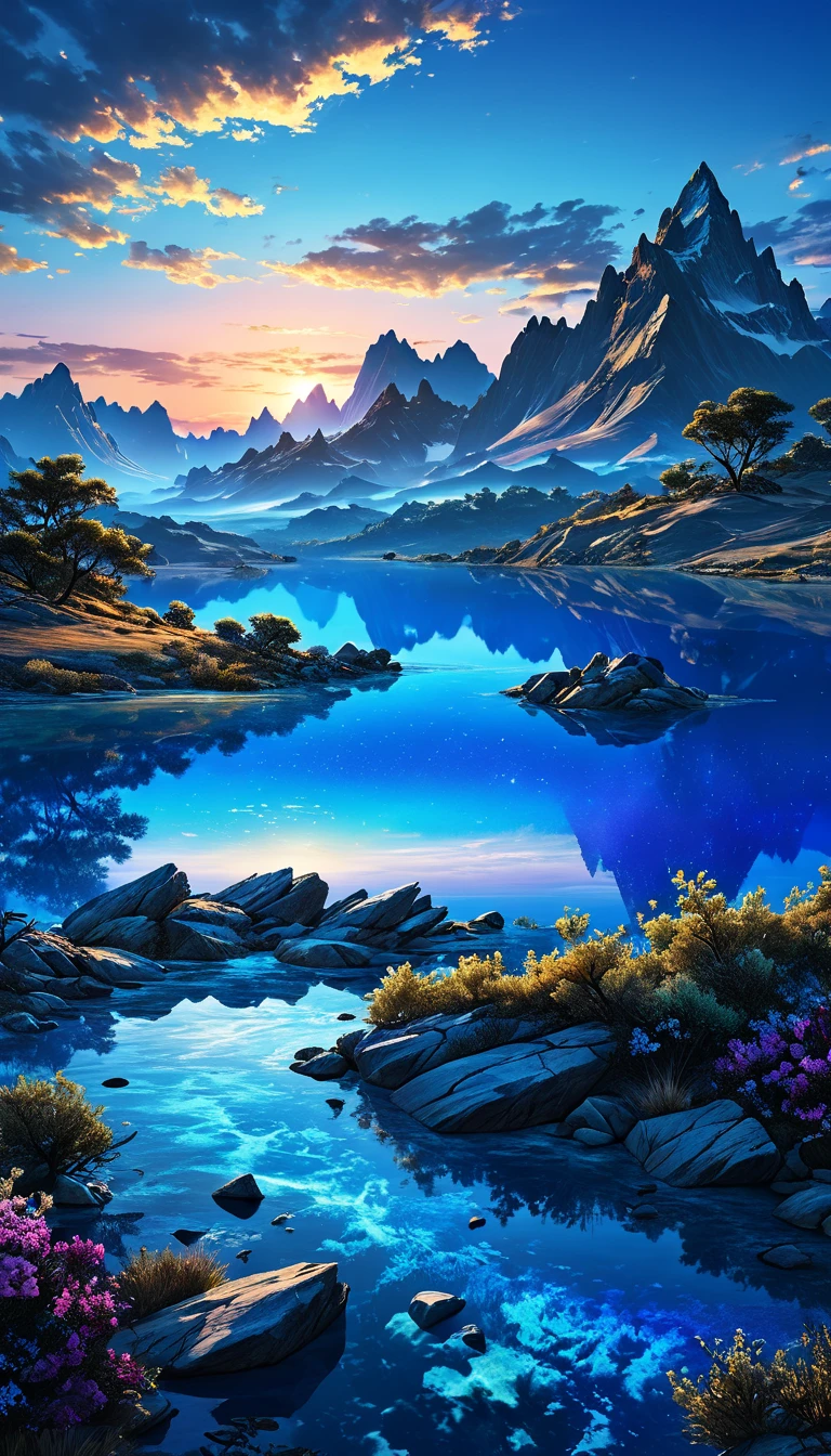 A breathtaking landscape at dusk, with the landscape, sky, and water all colored in different hues of blue,photorealistic,highly realistic,extreme details,breathtakingly realistic,high contrast realism,high saturation realism,vibrant colors,dramatic lighting,captivating landscape,compelling storytelling,atmospheric scene,mesmerizing visuals,intricate details,strong emotions,celestial beauty,dreamlike world