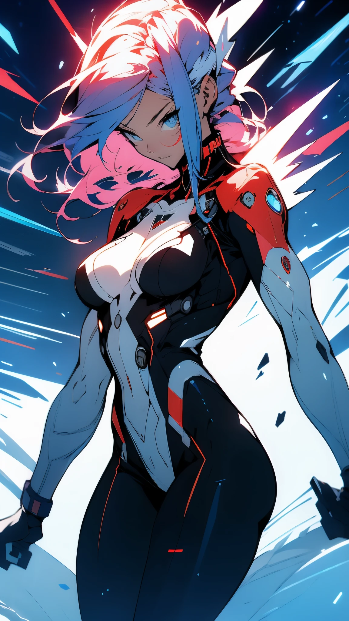 ((Best quality)), ((masterpiece)), (detailed: 1.4), (Absurd), Caucasian woman fighter pilot ready for war, front walking, Captain Brittany's outfit from Marvel comics, sculptural body defined, half-thick thighs bare, mouth closed, only in panties, muscular body covered by technological clothing, Neon Genesis Evangelion style, cyberpunk, generous neckline, ((perfect large breasts)), (blue eyes without pupils), ((very dark white and blue clothing, red and white)), (((short white straight hair misaligned like Lucy from cyberpunk: mercenaries)))), (thin white stripes left blue covering the breasts), (red and white stripes on the arms), (((lightning bolt drawings on the arms)), long manga-style eyelashes, short underwear, garter belt, by mucha, niji --V5, close to real, psychopath, crazy face, sexy pose, background with a giant Gundam style robot head, 2 piece clothing, shoulder pads with airplane wings on the back, pastel, centered, scale to fit dimensions, HDR (High Dynamic Range),Ray Tracing,NVIDIA RTX,Super-Resolution,Unreal 5,Subsurface dispersion, PBR texture, Post-processing, Anisotropic filtering, Depth of field, Maximum clarity and sharpness, Multilayer textures, Albedo and specular maps, Surface shading, Accurate simulation of light-material interaction, Perfect proportions, Octane Render, Two-tone lighting, Wide aperture, Low ISO, White balance, Rule of thirds, 8K RAW, crysisnanosuit