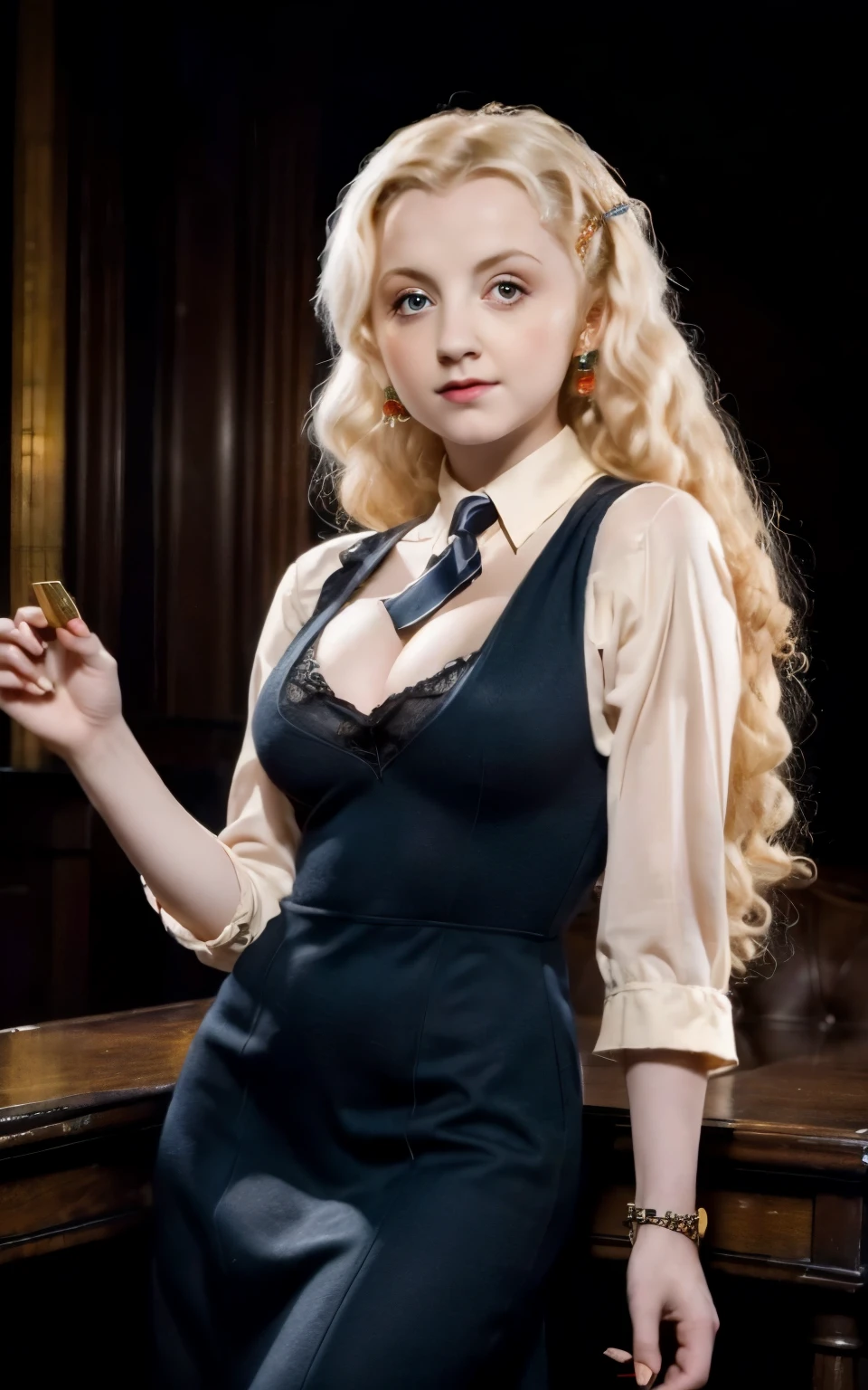 Masterpiece, a beautiful Luna Lovegood from Harry Potter, professional photoshoot, detailed face, gorgeous, undercover agent, (wearing a retro dress:1.3), cleavage, (1940s style:1.2), retro style, aesthetic, night, dim light, retro lighting, gangster, inside a nightclub, smoky foggy background,