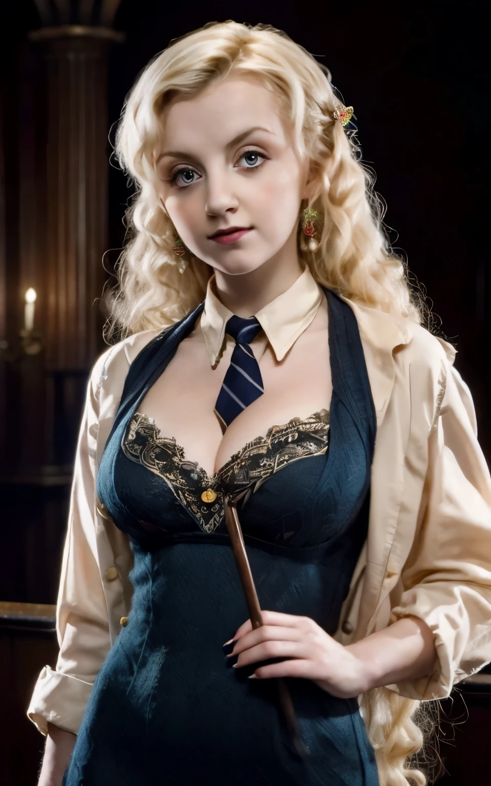 Masterpiece, a beautiful Luna Lovegood from Harry Potter, professional photoshoot, detailed face, gorgeous, undercover agent, (wearing a retro dress:1.3), cleavage, (1940s style:1.2), retro style, aesthetic, night, dim light, retro lighting, gangster, inside a nightclub, smoky foggy background,