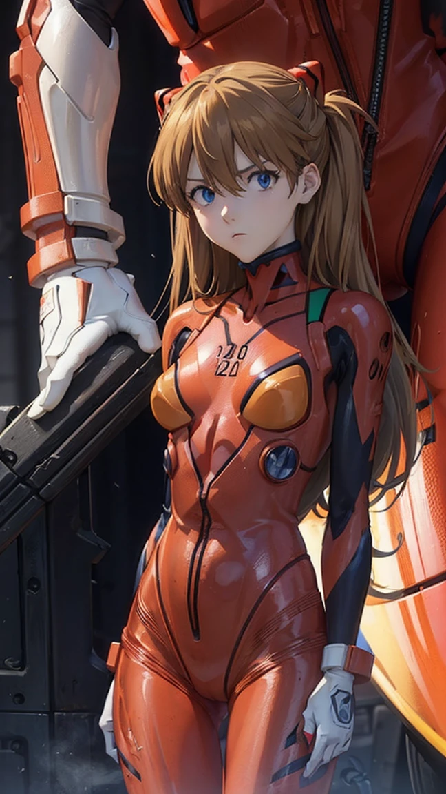  one woman,  Shikinami Asuka Langley, ( Shekinamia Scarangley :1.2), Long Hair, bangs,  blue eyes, Brown Hair,  hair ornament, break bodysuit,  Pilot Suit , Plug Suit, ( red bodysuit :1.5), break outdoors, city, null, cloud, sun, break looking at viewer, ( cowboy shot:1.5), break (masterpiece:1.2),  best quality,  Hi-Res,  unity 8k Wallpaper  , (Illustration:0.8), (  beautiful detail eyes :1.6),  highly detailed face holding 1 , perfect lighting,  extremely detailed CG , (Perfect hands,  perfect anatomy),