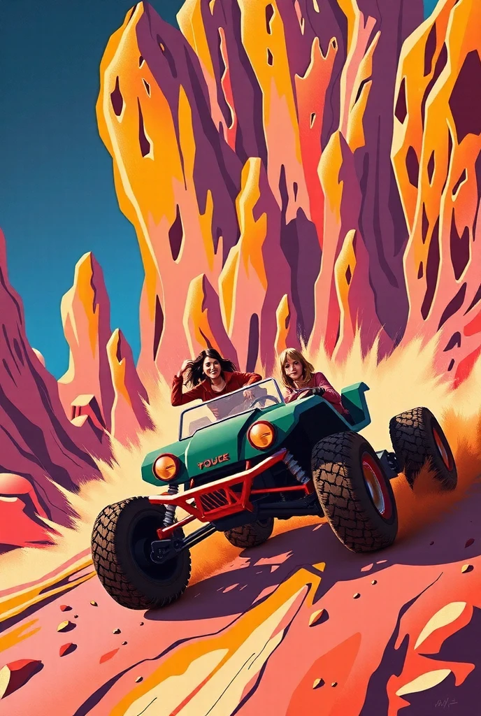 In abstract yet bold colors reminiscent of 1970s pulp art, "Her Protectors" charge forward in their Fighting Buggy through a fantasy world of swirling, surreal landscapes. With Paolo Rivera's intricate detail and Lu Si's epic style, the scene unfolds as if on the cover of a forgotten 1978 fantasy magazine. Set in a dramatic 11:17 aspect ratio, the composition is filled with exaggerated shapes and vibrant textures, blending heroism with surreal adventure.