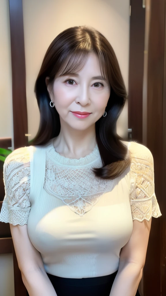    High image quality, High image quality,  attention to detail   , masterpiece,(An aging body:1.2),    anatomically accurate body that brings the breast to the center , sharp, (( Japanese)),(90 years old:1.6),(( Wrinkles on the outer corner of the eye)), Dark brown hair  ,(Long Hair:1.1), bangs,(((  sitting ))),  Standing in the Center of the Screen ,Looking at the photographer,(sheer knitted blouse :1.4),(  Tight Skirt :1.2),(  head to thigh  :1.1),In the bedroom,( No Emotion:1.4),(elder:1.5),Ordinary housewife:1.3,Thin face,sharpcontour