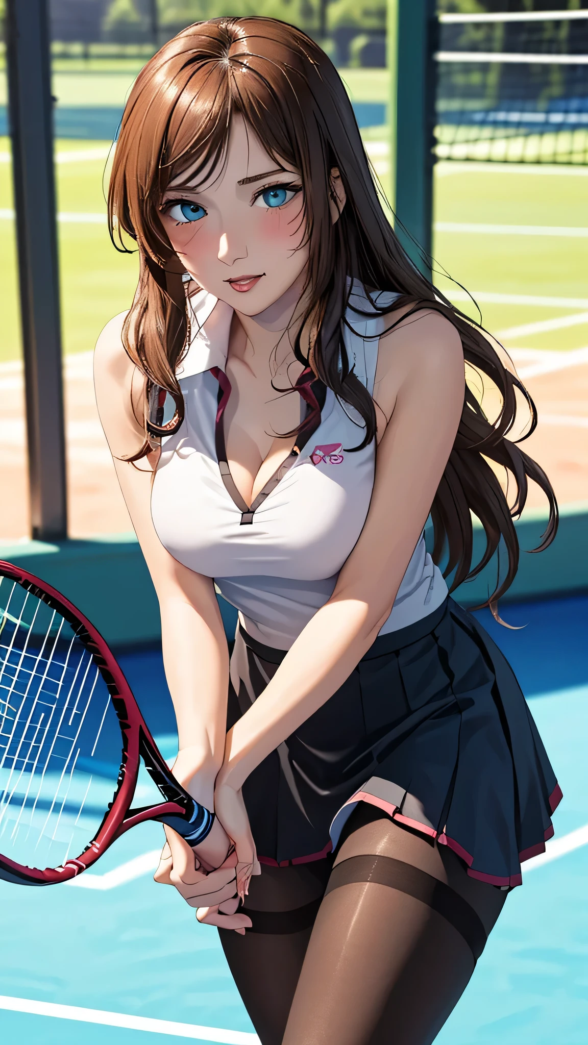 (Best Quality, 4K, 8k high resolution, masterpiece:1.2),  very detailed, 1 person, Bewitching Woman, (Long Hair,  blue eyes),School, sexy vibe , Attractive legs, attractive breasts,  Magic Hour,((Professional Tennis Player)),(( black pantyhose)), ((sexy tennis wear)),(( mini pleated skirt that blushes so much)),((Sexy Panties)),((blouse)),Focus on individuality ,   fine and beautiful eyes ,  beautiful lip detail,  Long eyelashes,  Vivid Colors, Photo Spot,Soft and warm colors,