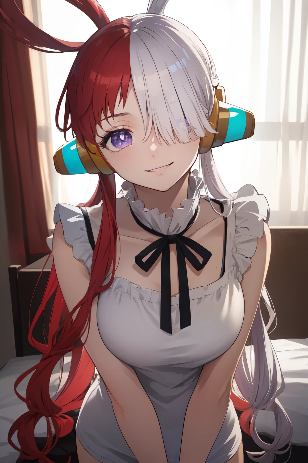break (masterpiece:1.2), Best Quality, Hi-Res, Unity 8K Wallpaper , (Illustration:0.8), ( beautiful detailed eyes:1.6), Extremely Detailed Faces, full light, extremely detailed CG, (Perfect hands, perfect anatomy),onepieceSong, Song, Long Hair, ( purple eyes:1.1), Gray Hair, Red Hair, multicoloRed Hair, (Hair over one eye:1.5), Two-tone hair, two tone hair, hair ring, side lock, smile, Green, Medium Big Breasts, break, white camisole with head pointing down, ribbon, jewellery, white camisole with head pointing down, headphones, break, bedroom, break, watching viewers , ( cowboy shot:1.5),