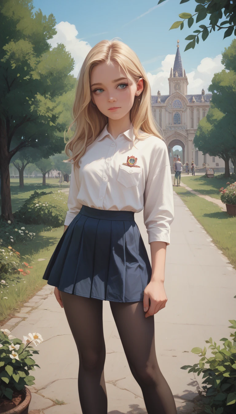 top quality, masterpiece, in detail,flat color, 1Girl,, outdoors,Mini-skirt, black pantyhose, , blonde,