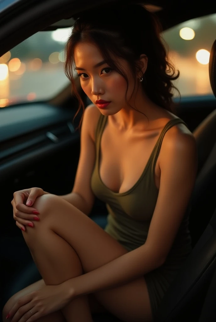 (full body shot:1) photorealistic image of a (laying pose:1) woman, ultrarealistic, photography, straight long dark brown hair, asian woman, beautiful cute sexy asian 20 years old woman, hourglass figure, perfect body, Flirty look, natural big breasts, blur background, she is sitting and posing at the backseat, she wears a sexy dress, long eyelashes, cat eye make-up, sexy pose, erotic pose, seductive pose, sexy pose, in a parking lot, late at night, damp windows, window condensation, 