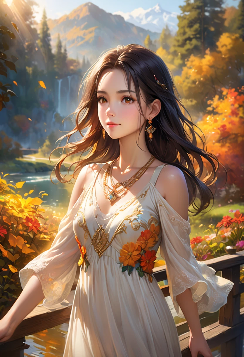 (Best Quality:1.2), Super detailed, Realistic, landscape, Beautiful girl in the garden,  earrings for a woman alone,  necklace ,  softwriting ,  exquisite details , Colorful flowers,  golden sun light ,  Elegant Poses ,  Delicate Features ,  loose dress , calm look,  long flowing black hair, Beautiful brown eyes,  look at me and smile, Mid-chest,  mystical atmosphere,I'm walking on the bridge with the colors of fall , Subtle Shadows, blurry background, fine texture, Stunning painting style ,  serious expressions, The Mysterious Beauty,  Dreamy Quality, Peaceful atmosphere, Natural posture, Warm colors, Play of light and shadow,  airy atmosphere , Natural Light,   Harmonious Composition ,  dynamic energy , natural beauty, automatic, 