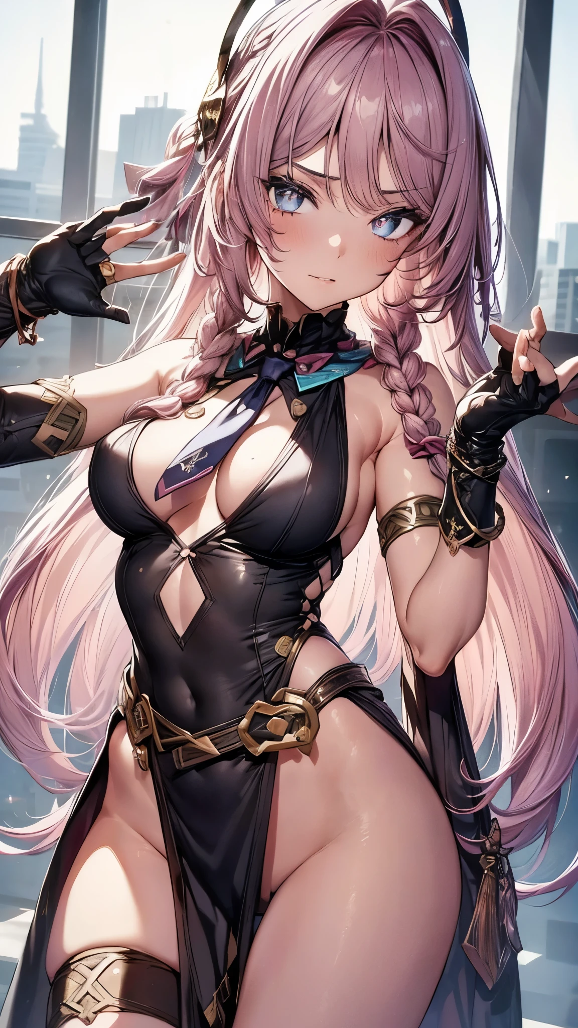 1girl,solo,citlali,facial mark,hair ornament,pink hair,parted bangs,twin braids,pink pupils,black leotard,sleeveless,breasts cutout,necktie,(loincloth:1.3),upper body,masterpiece,Noise Reduction,perfect anatomy,high resolution, ultra-detailed, ultra-detailed face,game cg,dutch angle ,beautiful detailed eyes,visualart,five fingers, perfect hands, perfect lighting, sparkling pupils,(highly detailed:1.5),