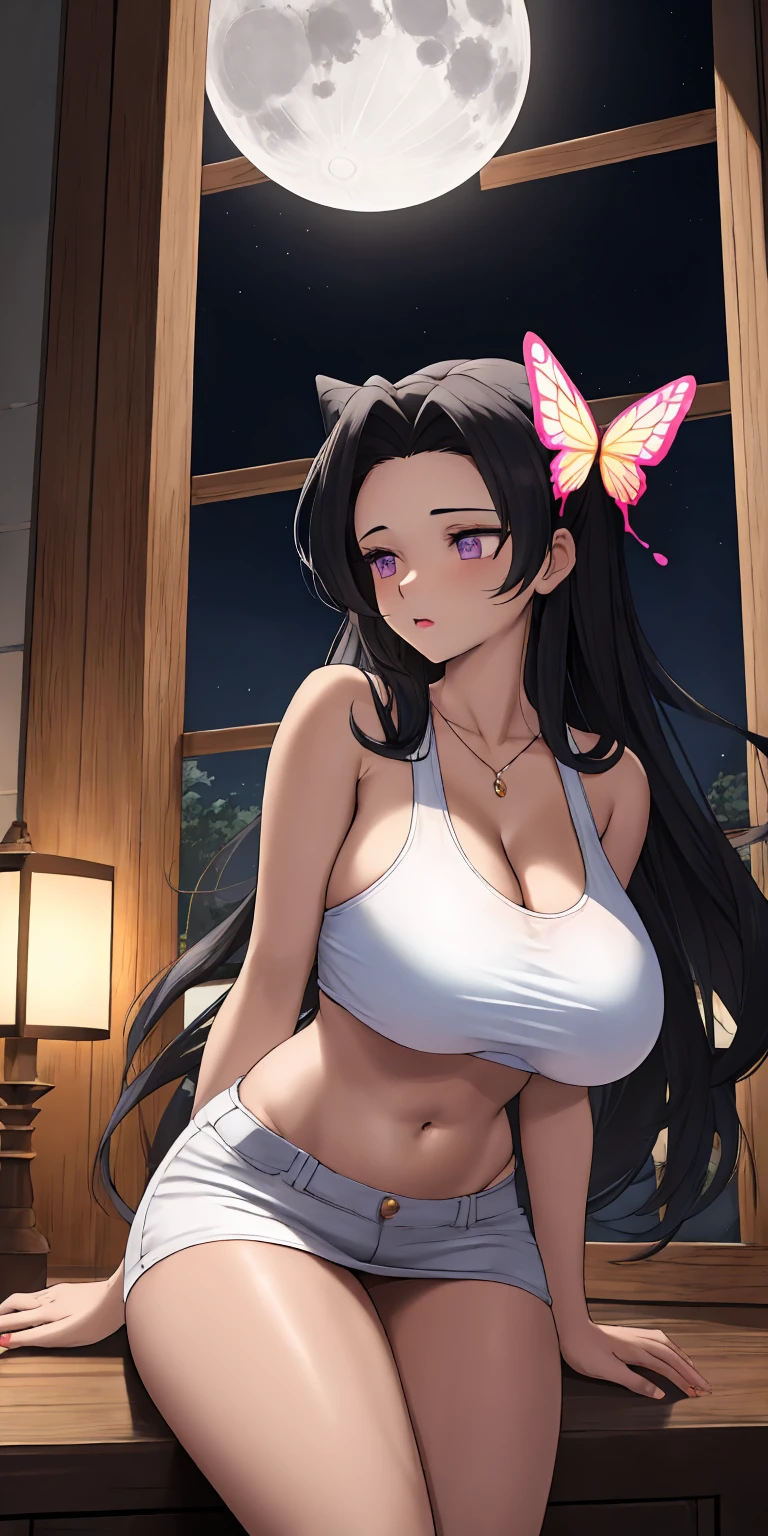 masterpiece, best quality, extremely detail 8k cg, high resolution, 1girl, solo, mature female, kochou kanae, butterfly hair ornament, parted bangs, hair intakes, black hair, violet eyes, tan skin, jewelry, big boobs, gigantic breasts, round breasts, cleavage, miniskirt, croptop, navel, thighs, shiny thighs, night time, moonlight, indoors, beautiful face, looking away, medium full shot