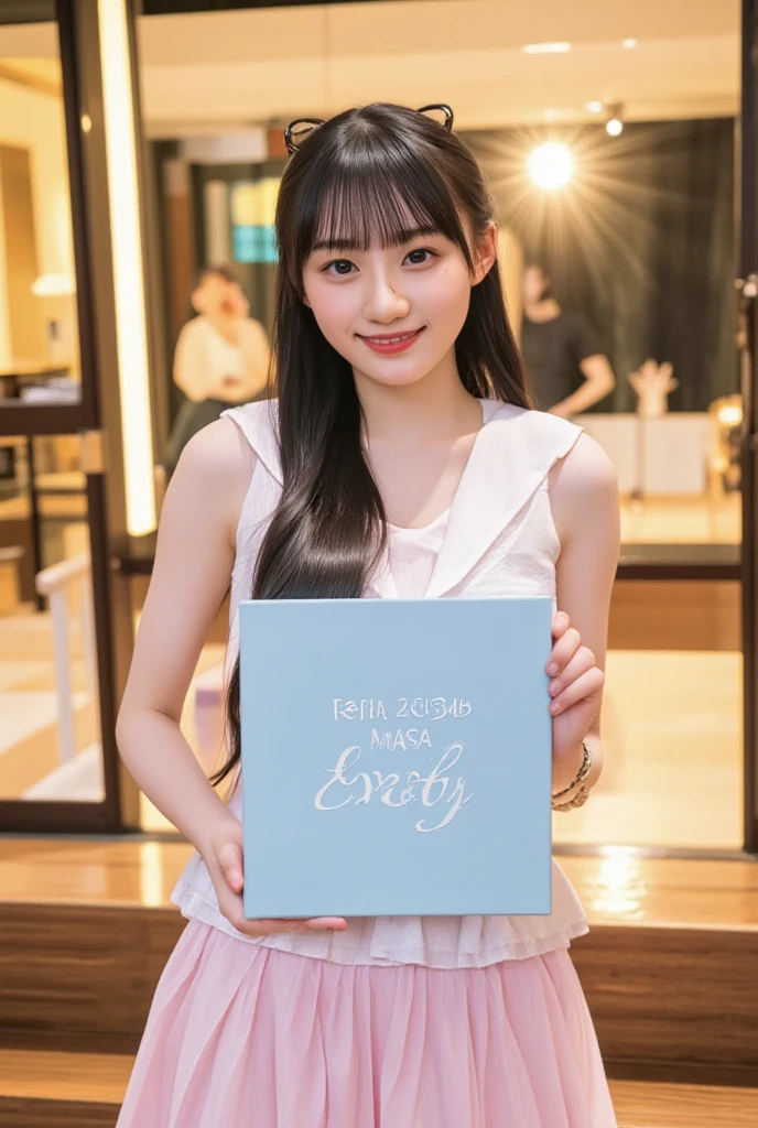 (masterpiece, best quality), 1girl, solo, View viewers, Young Japanese woman, Beautiful woman, Super cute face like an idol, Big eyes with double eyelids, Shiny black hair, Bangs, Medium straight hair, (White sleeveless shirt, Light pink pleated skirt), Smiling face,
She is standing in a cute pose, (holding a board with "Let's H with NOGISAKA" written on it in front of her chest:1.5), (in front of entrance at the stylish hotel, sunset lighting,backlighting:1.2), 
Real photo,
