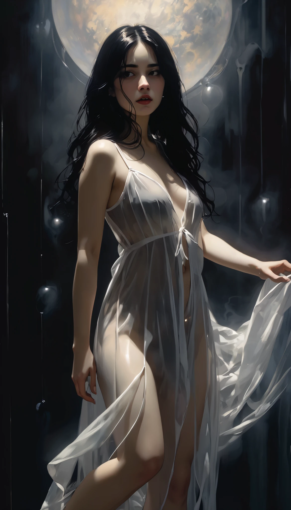 girl with long black hair, very small , speech bubble,transparent sexy nightdress , great detail, many talking hearts, {{{movement lines}}},, {{panties aside}},, eroticism, sexy, white image and black, between shadows, oil painting, chiaroscuro, sensual, dramatic lighting, moody atmosphere, photorealistic, intricate details, masterpiece, ultra-detailed, high quality, 8k, best quality, realistic, cinematic, Dark and melancholic composition, expressionistic and powerful , emotional impact, art inspired by Bill Sienkiewicz.
