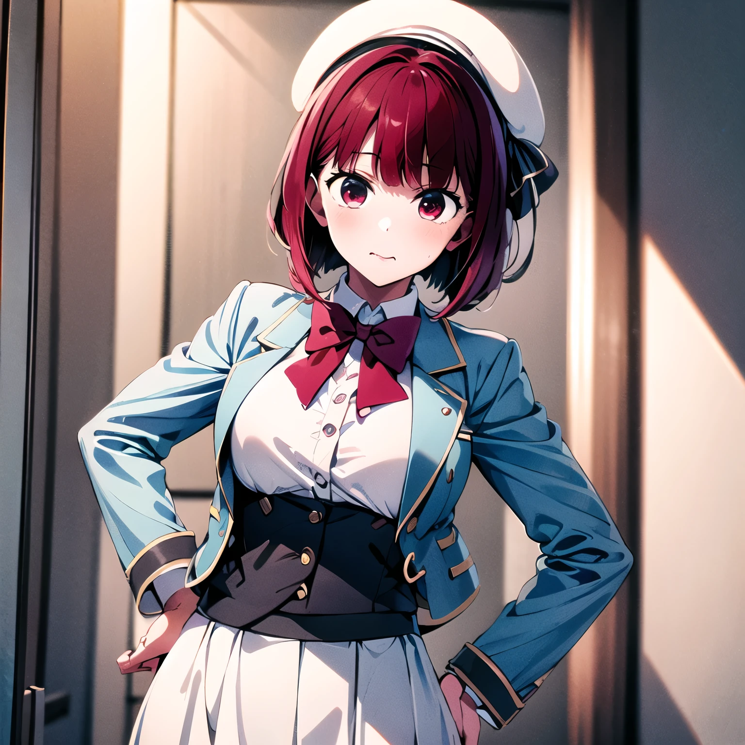 masterpiece, 8k wallpaper, Best Quality, 1 girl, soul, staring at viewers, hand on , blue open jacket, Beret, white dress, red tie , white shirt, Alone, Red short hair,