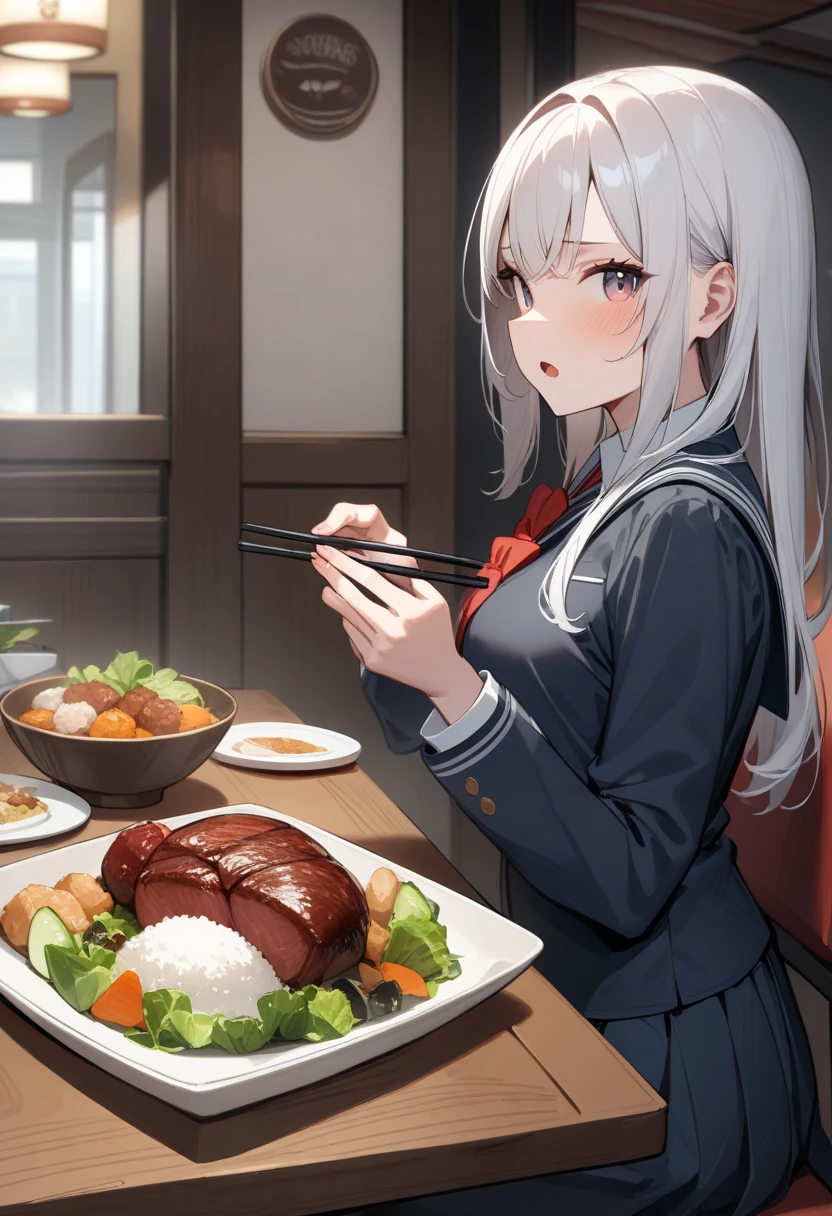  1 girl,  Medium Chest , school uniform,
I&#39;m sure,Food, Alone, bowl, Holding chopsticks, rice, table, meat, dish, indoor,  sitting,  Restaurant, vegetable,  eats, salad,
from side,  upper body,  watching viewers ,  determined ,  open your mouth ,
masterpiece, Best Quality,  very beautiful ,  absurd